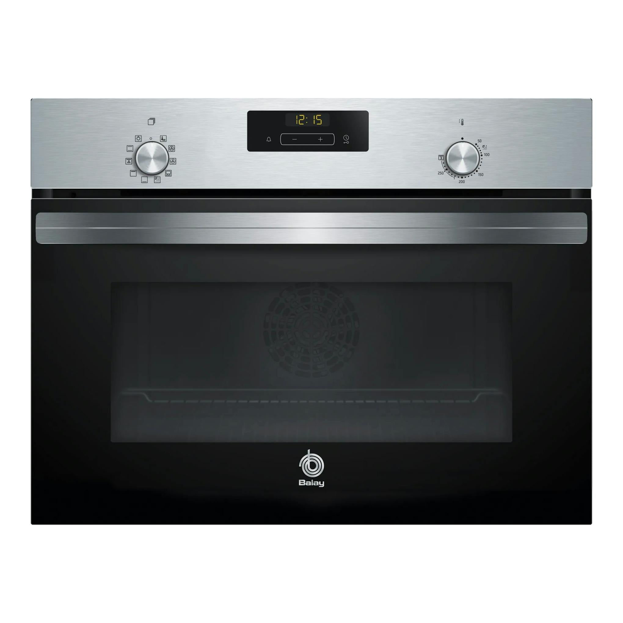 Horno Balay integrable en inox, vista frontal, con panel digital y dos mandos.