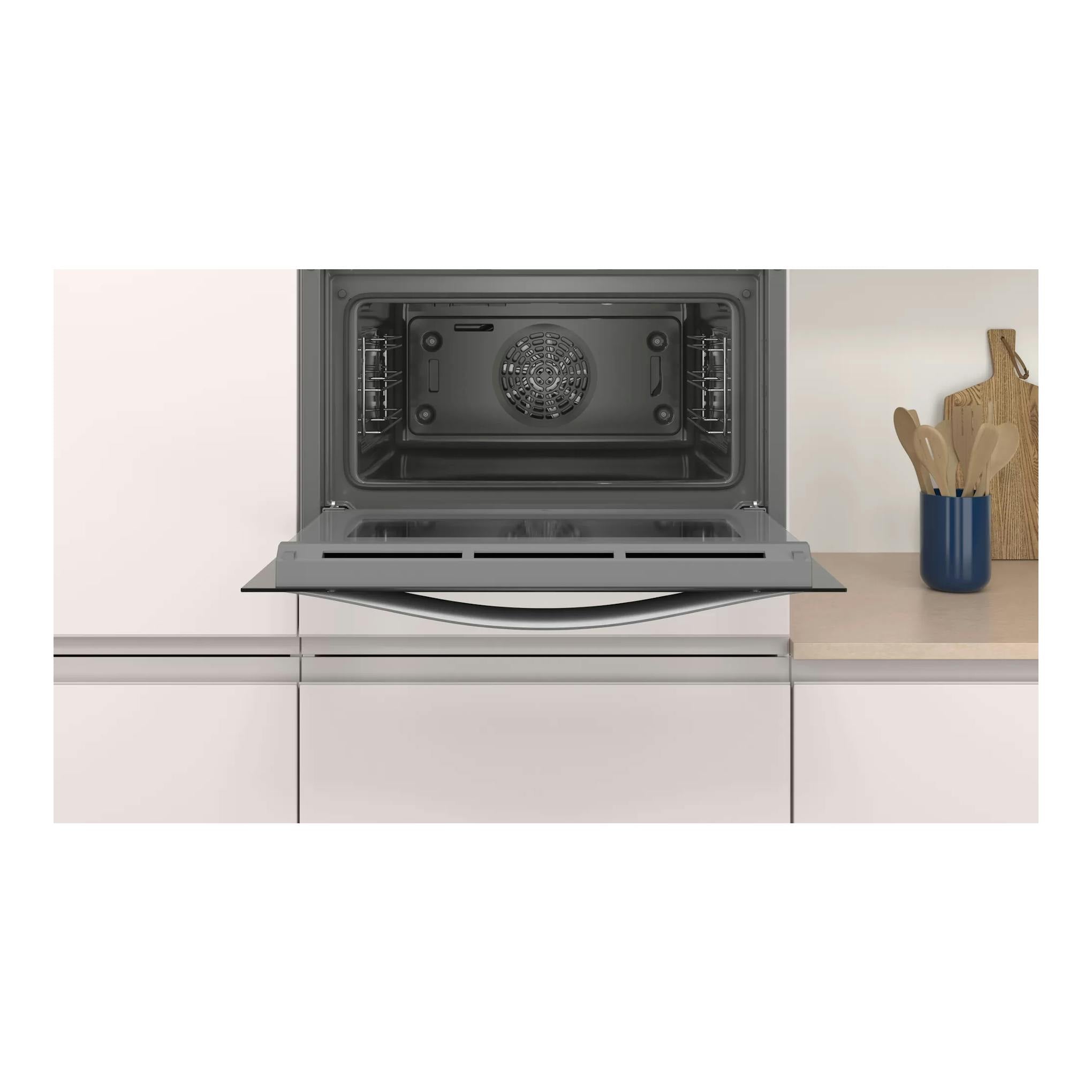 Balay 3CB4130X2, horno compacto integrable de inox abierto, vista frontal, interior gris y puerta abatible.