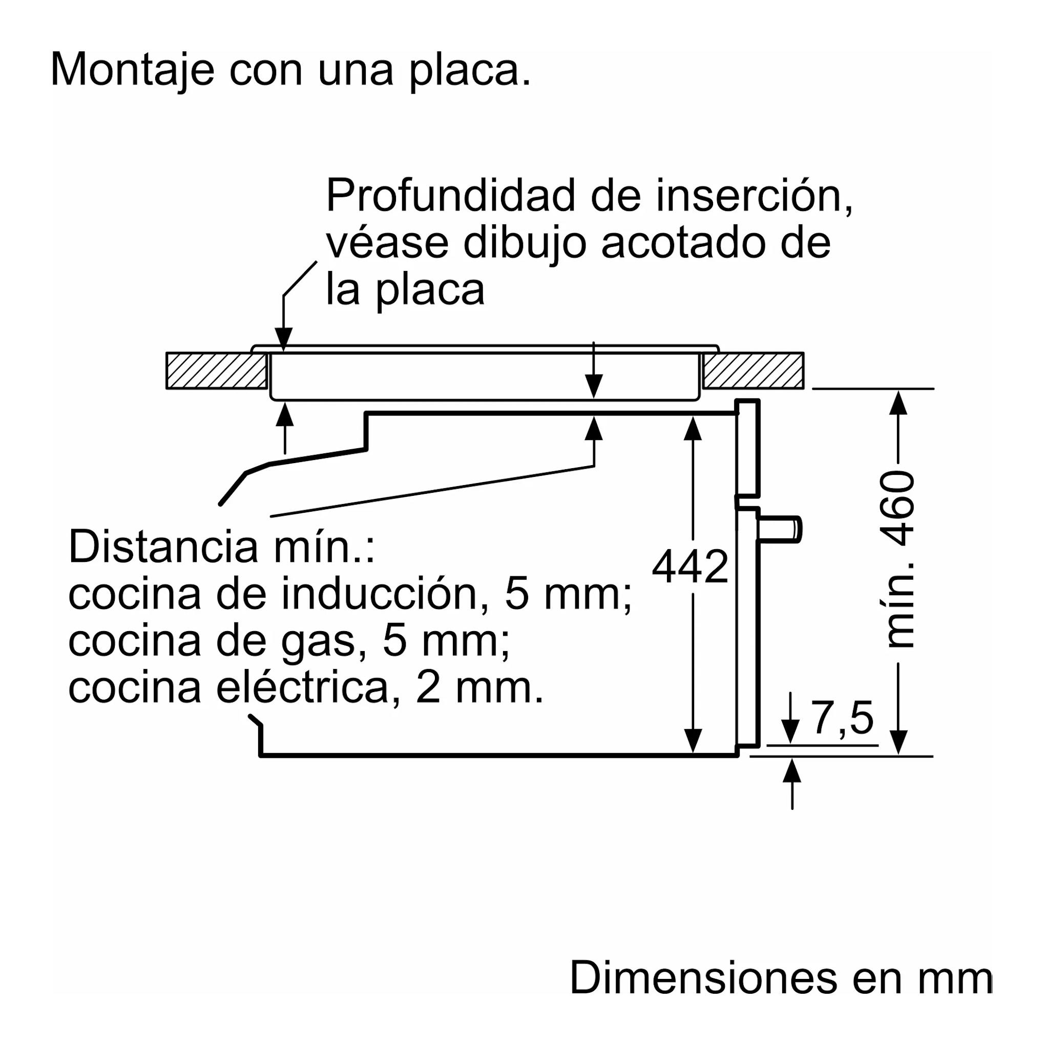 Diagrama de instalación lateral del horno Balay 3CB4130X2, con medidas en mm y distancias mínimas.