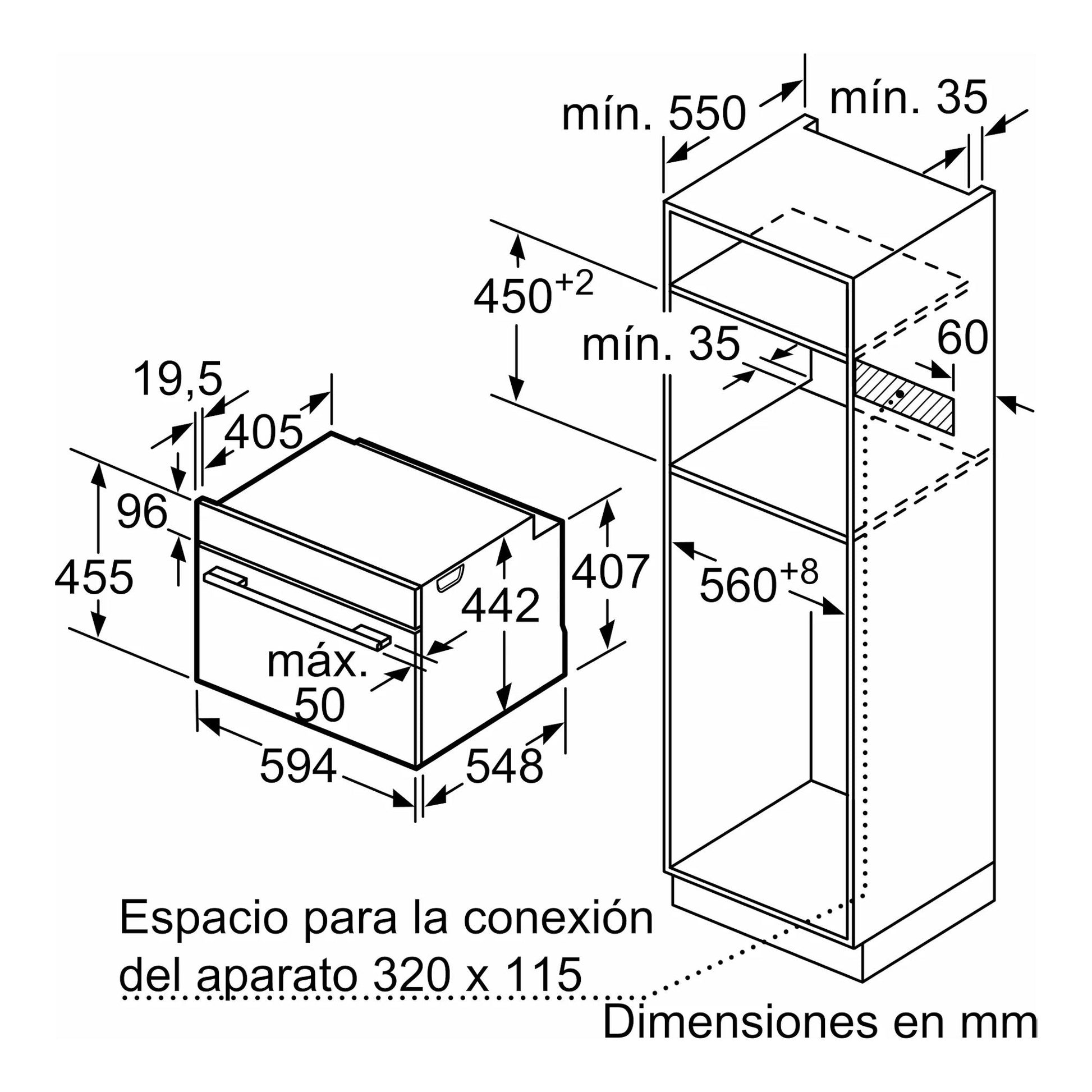 Esquema de instalación del horno compacto Balay 3CB4130X2, vista isométrica en blanco y negro, con medidas en mm.