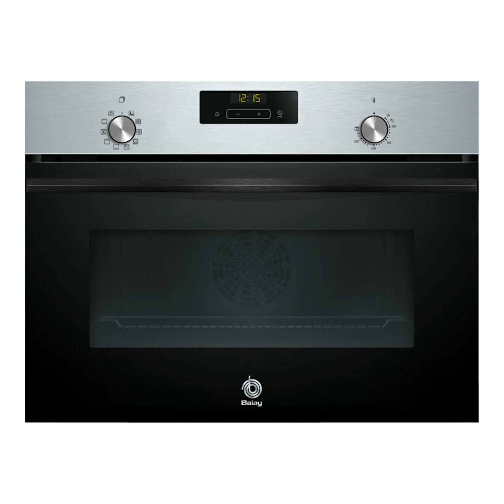Horno Balay 3CB4130X3 en inox y negro, vista frontal, con dos mandos y panel digital central.