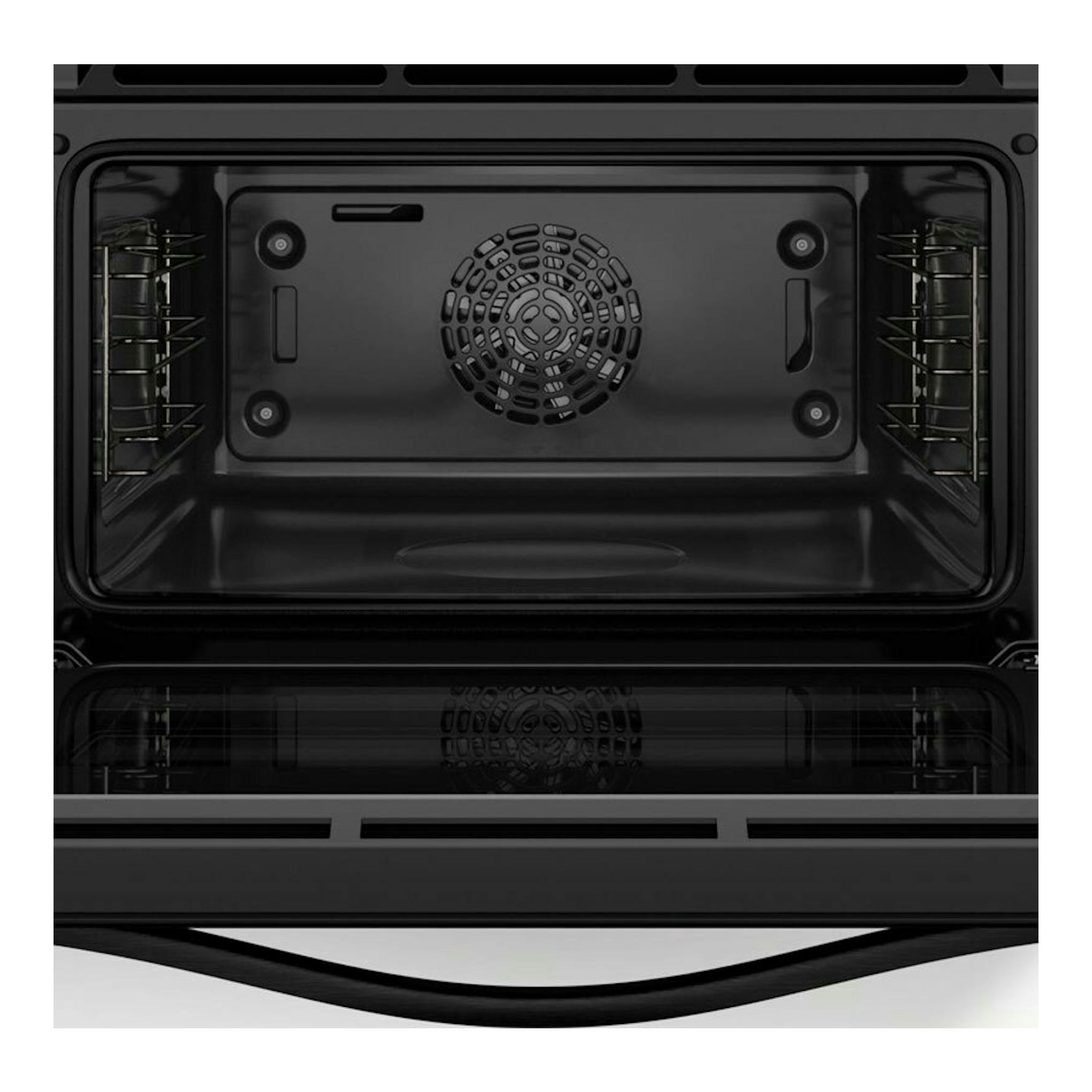 Interior de horno Balay 3CB4130X3, vista frontal abierta, con ventilador central y guías laterales negras.