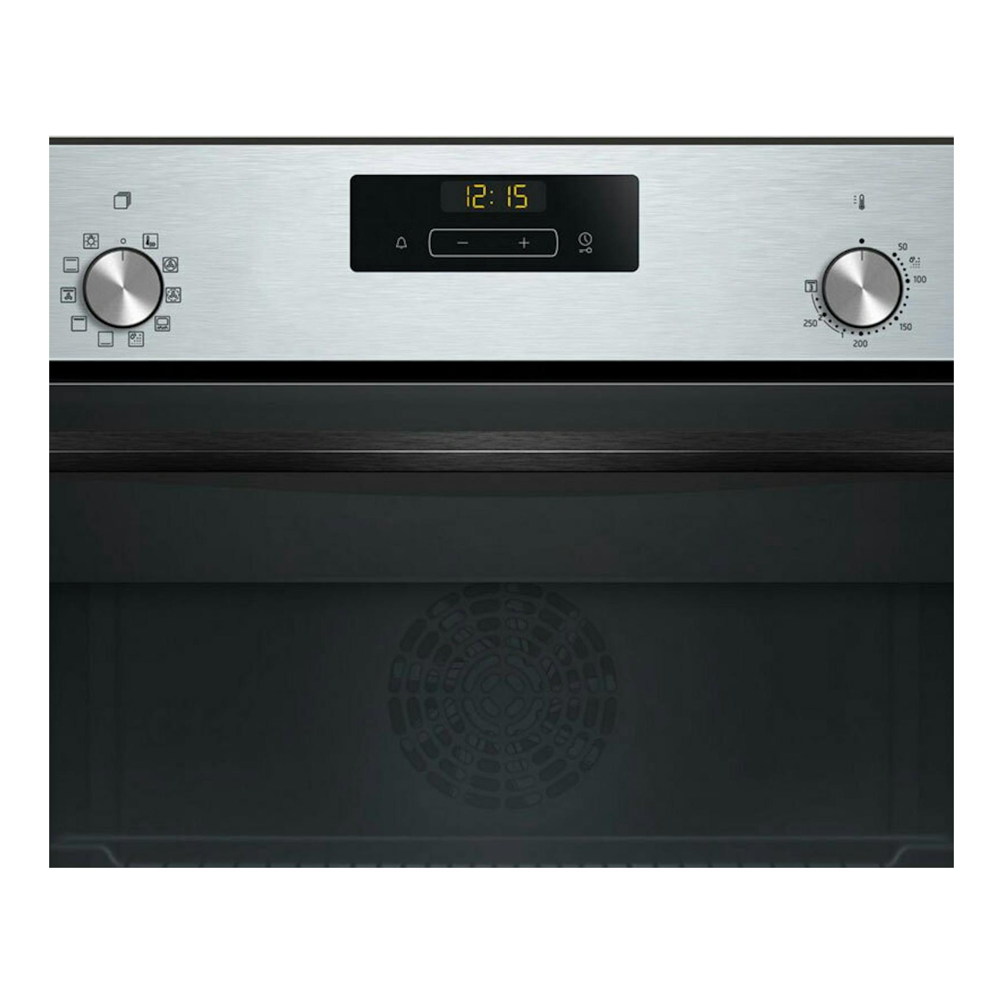 Horno Balay 3CB4130X3 inox, vista frontal, panel digital central y dos mandos en acero inoxidable.
