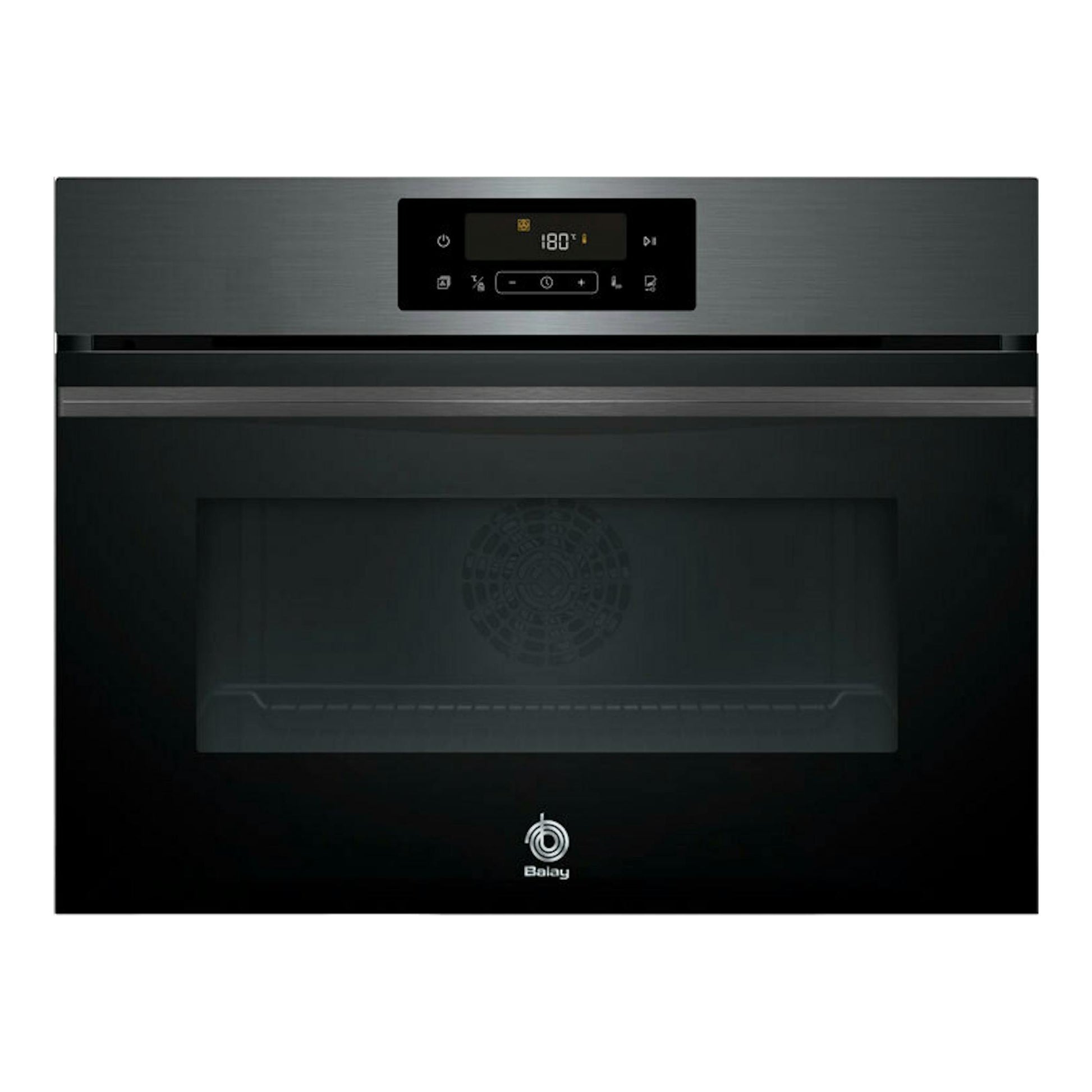 Horno Balay 3CB4821G3 grafito, vista frontal, con panel digital superior y puerta de vidrio negro.