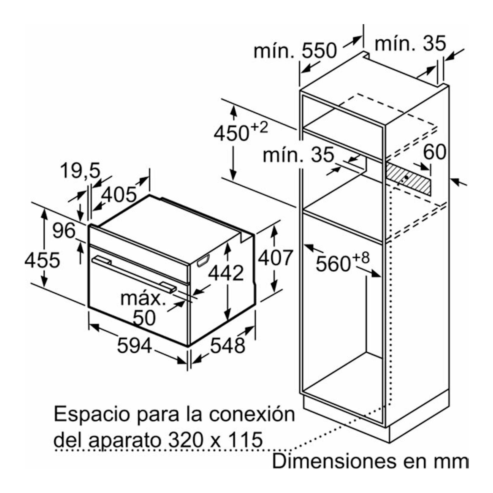 Esquema técnico del horno Balay 3CB4821G3 grafito, con vista frontal y lateral y medidas de instalación en mm.