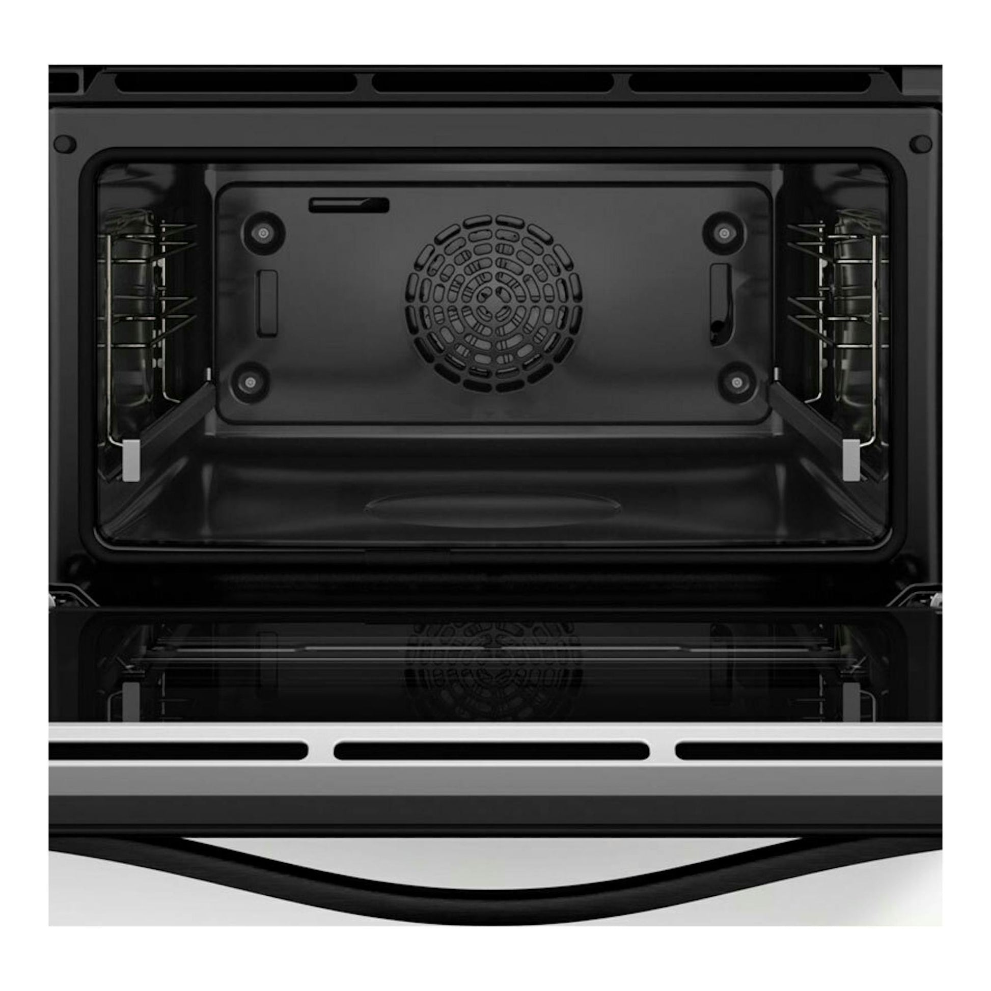 Horno Balay 3CB4821X3 inox, vista frontal con la puerta abierta y el interior negro con ventilador.