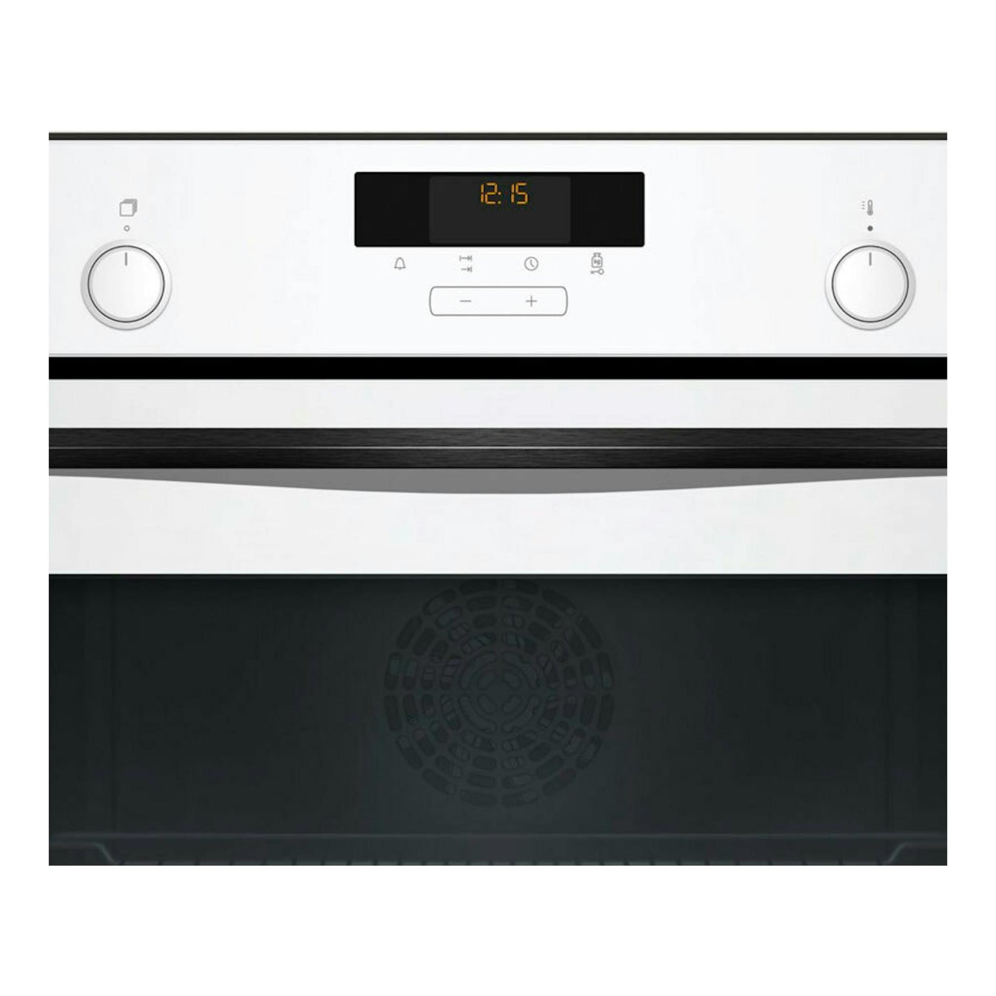Horno Balay 3CB5159B3 de cristal blanco, vista frontal, con dos mandos y pantalla digital central.