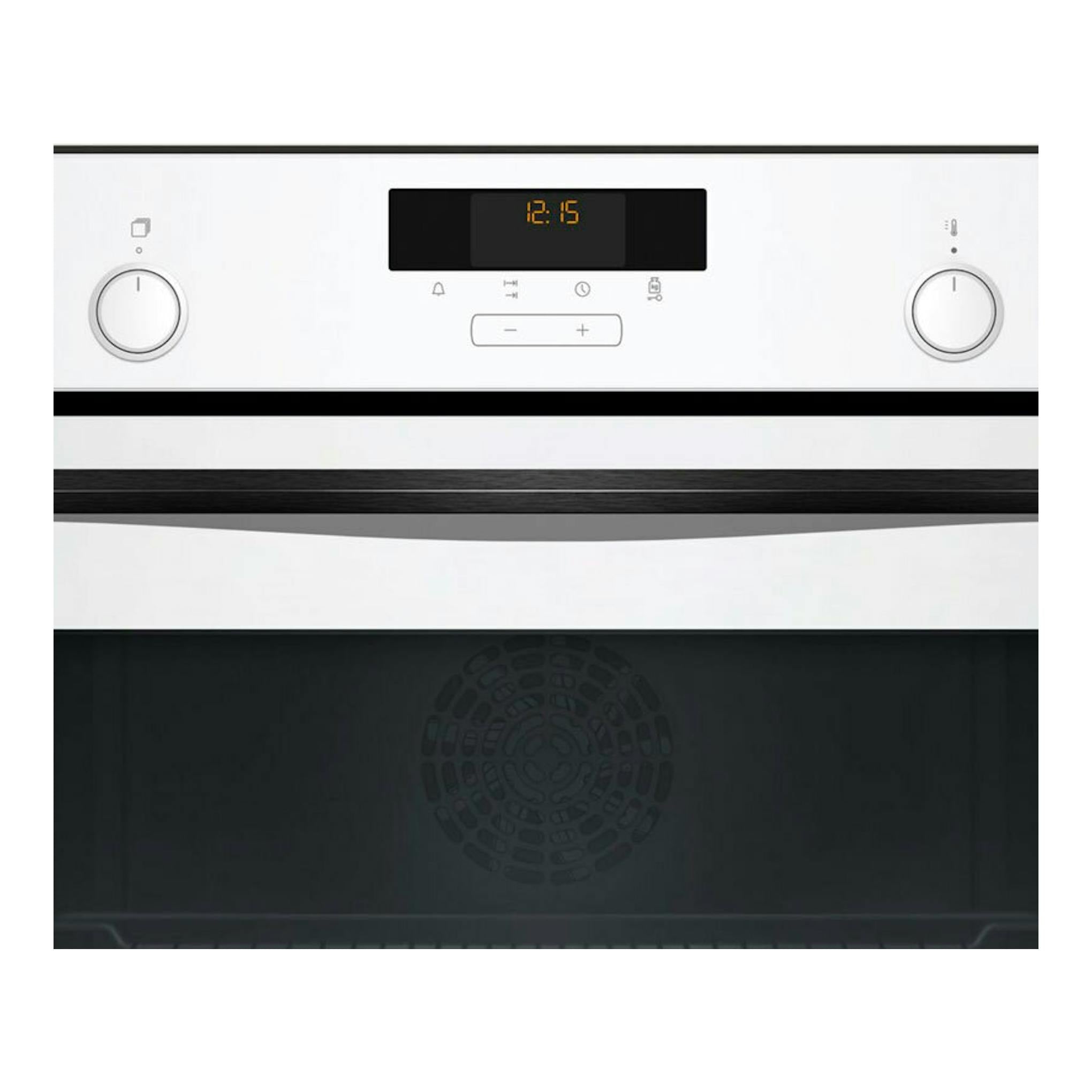 Horno Balay 3CB5159B3 de cristal blanco, vista frontal, con dos mandos y pantalla digital central.