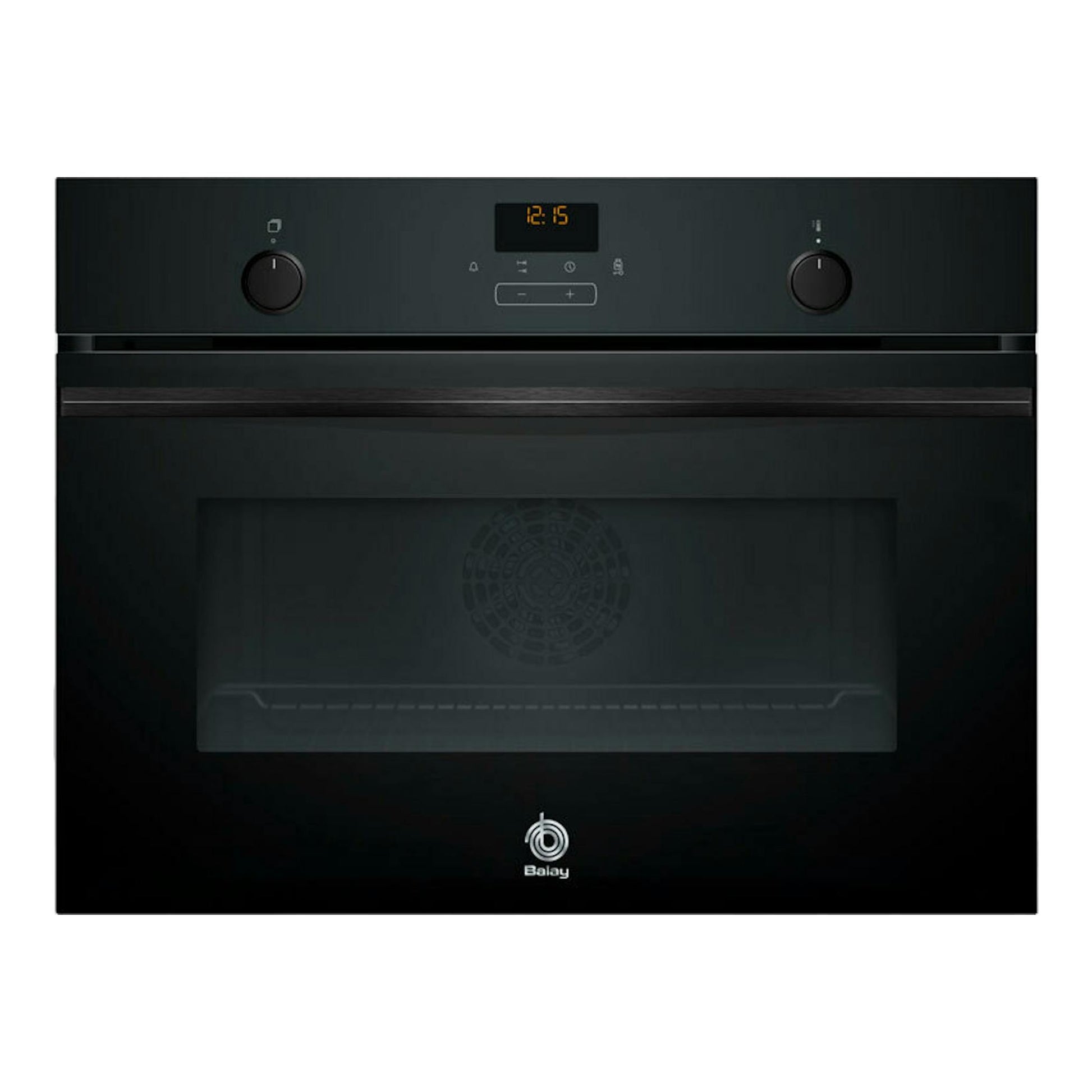 Horno Balay 3CB5159N3 de cristal negro, vista frontal, con panel digital y dos mandos.