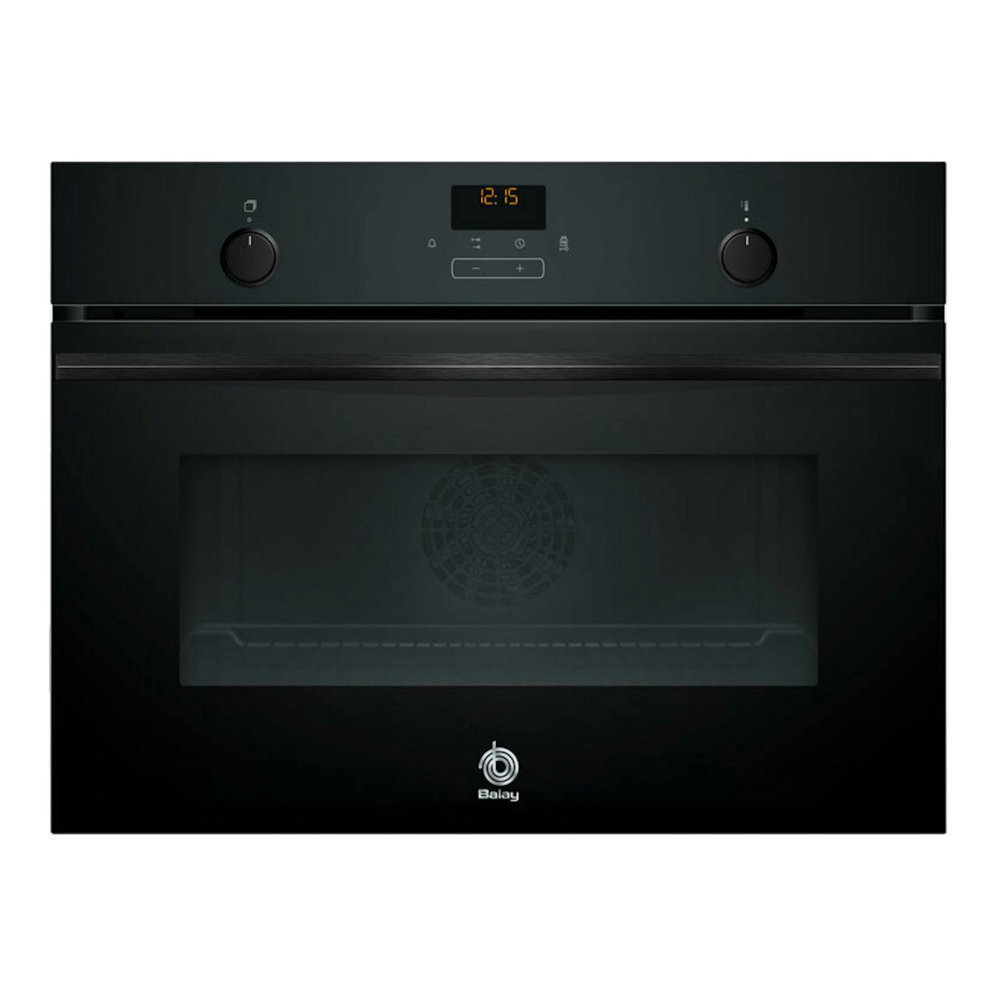 Horno Balay 3CB5159N3 de cristal negro, vista frontal, con panel digital y dos mandos.