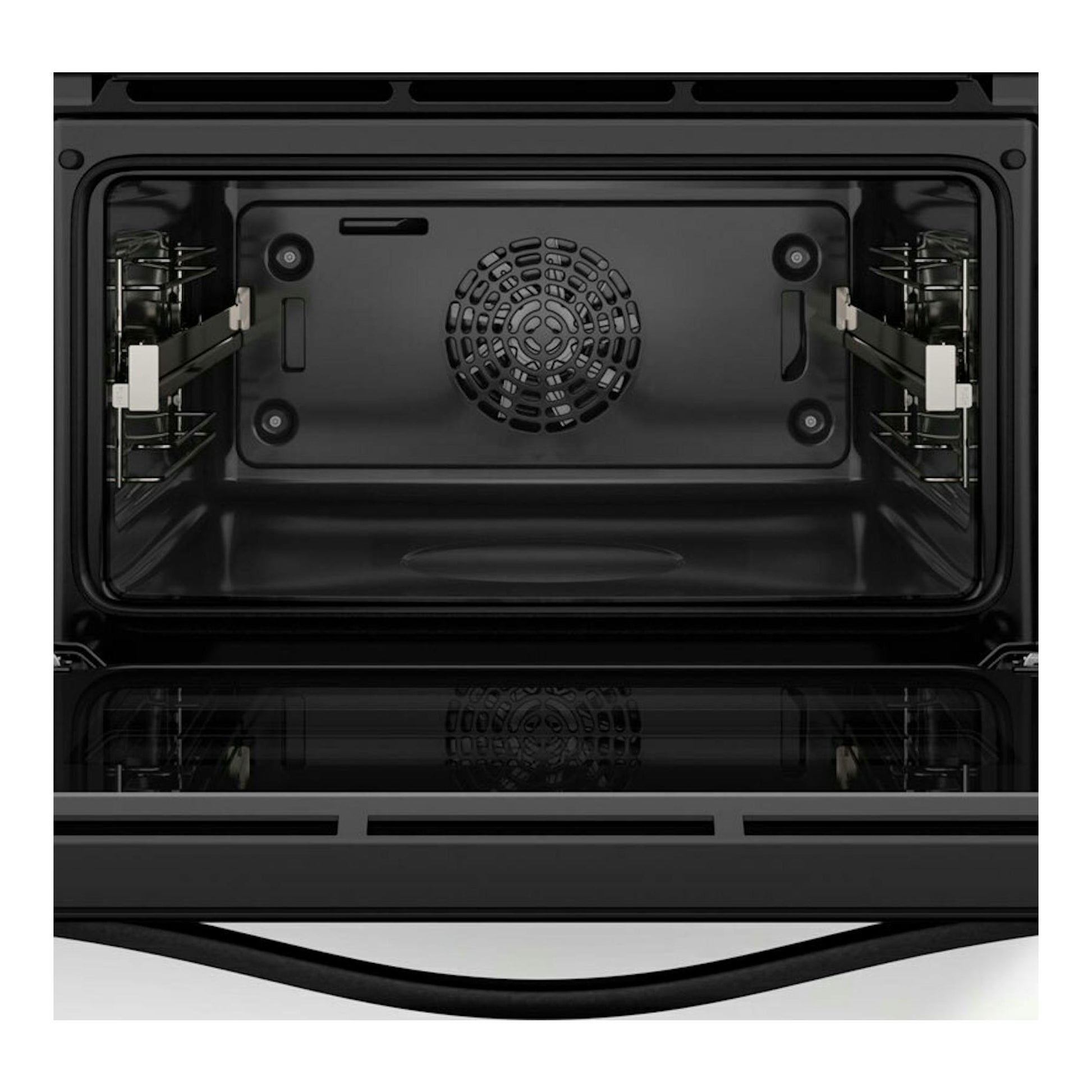 Horno Balay 3CB5159N3 de cristal negro, vista frontal del interior con ventilador trasero y guías laterales.