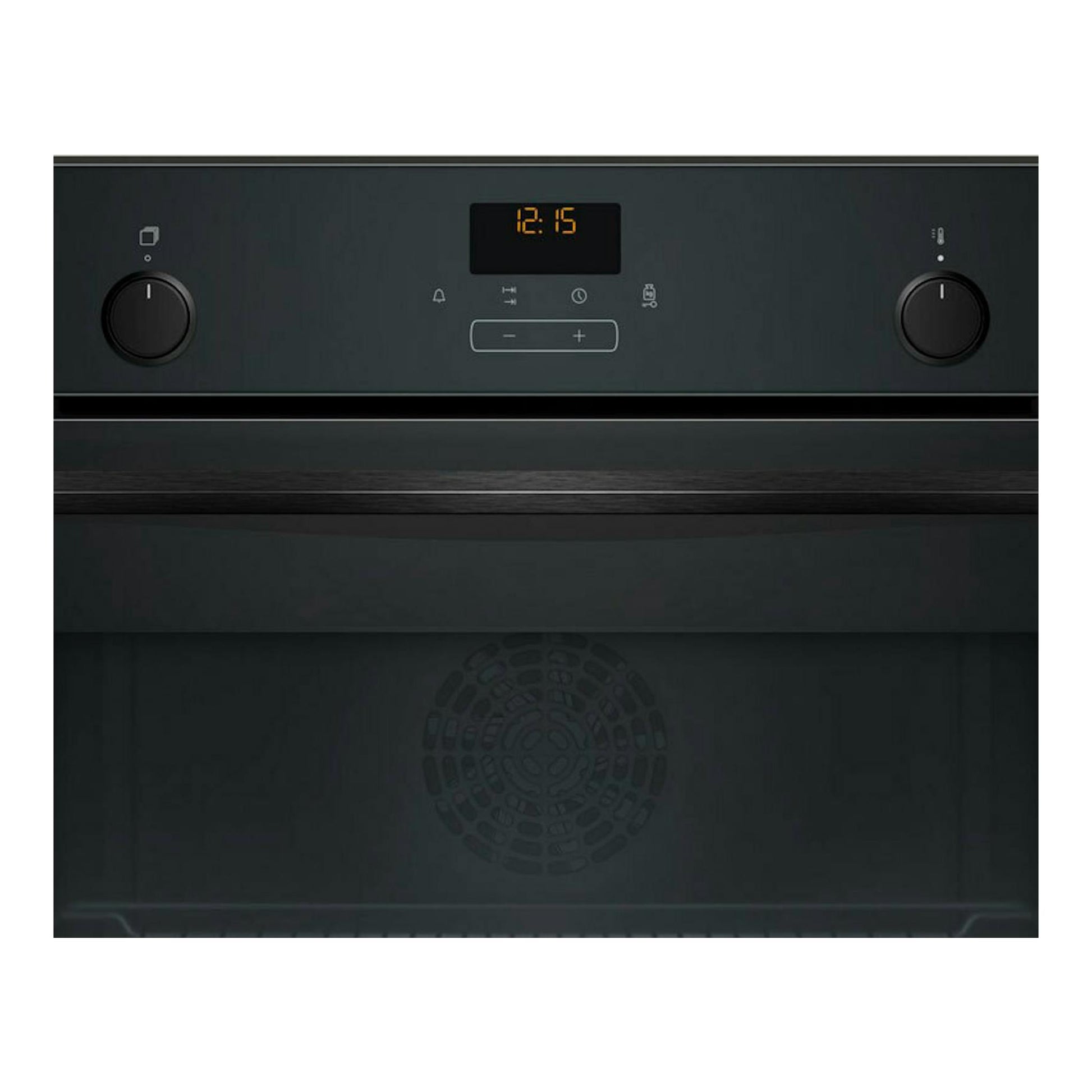 Horno Balay 3CB5159N3 de cristal negro, vista frontal, con dos mandos y display central 12:15.