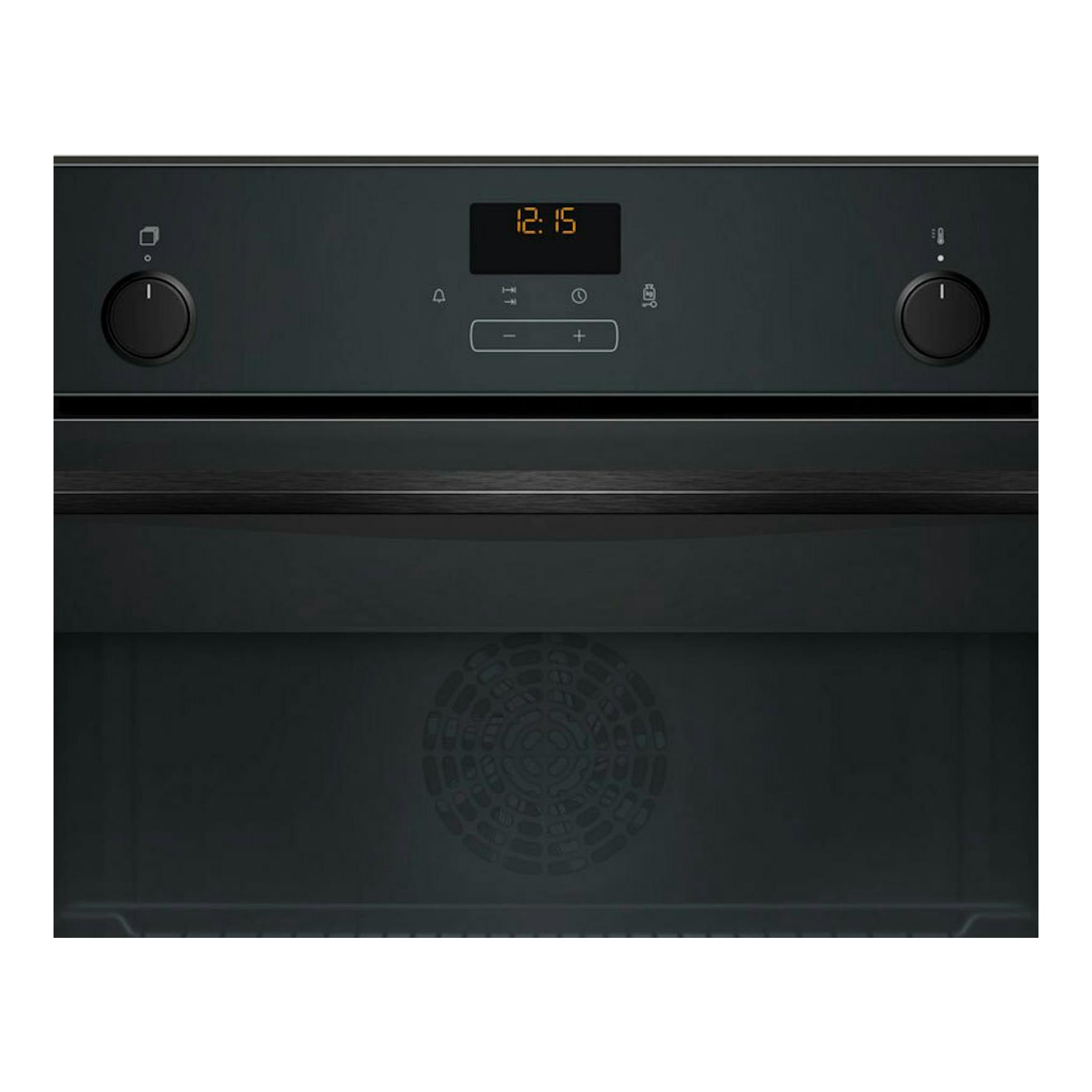 Horno Balay 3CB5159N3 de cristal negro, vista frontal, con dos mandos y display central 12:15.