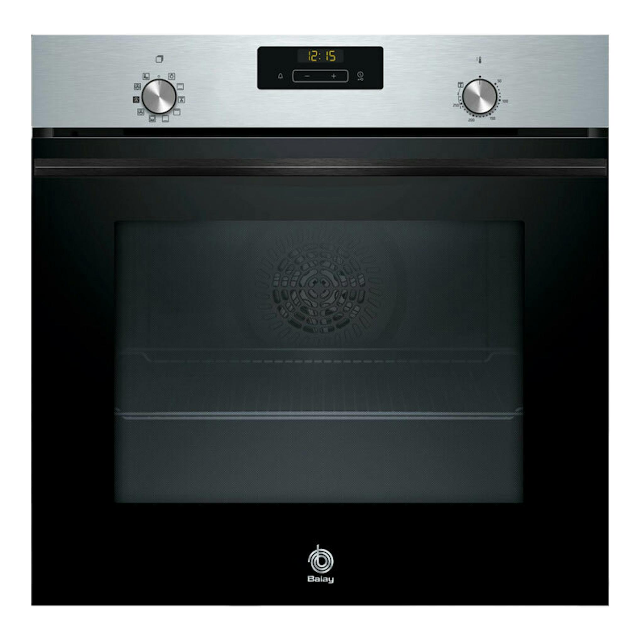 Balay 3HA4031X3, horno inox de vista frontal, puerta negra con vidrio y panel superior con display digital.