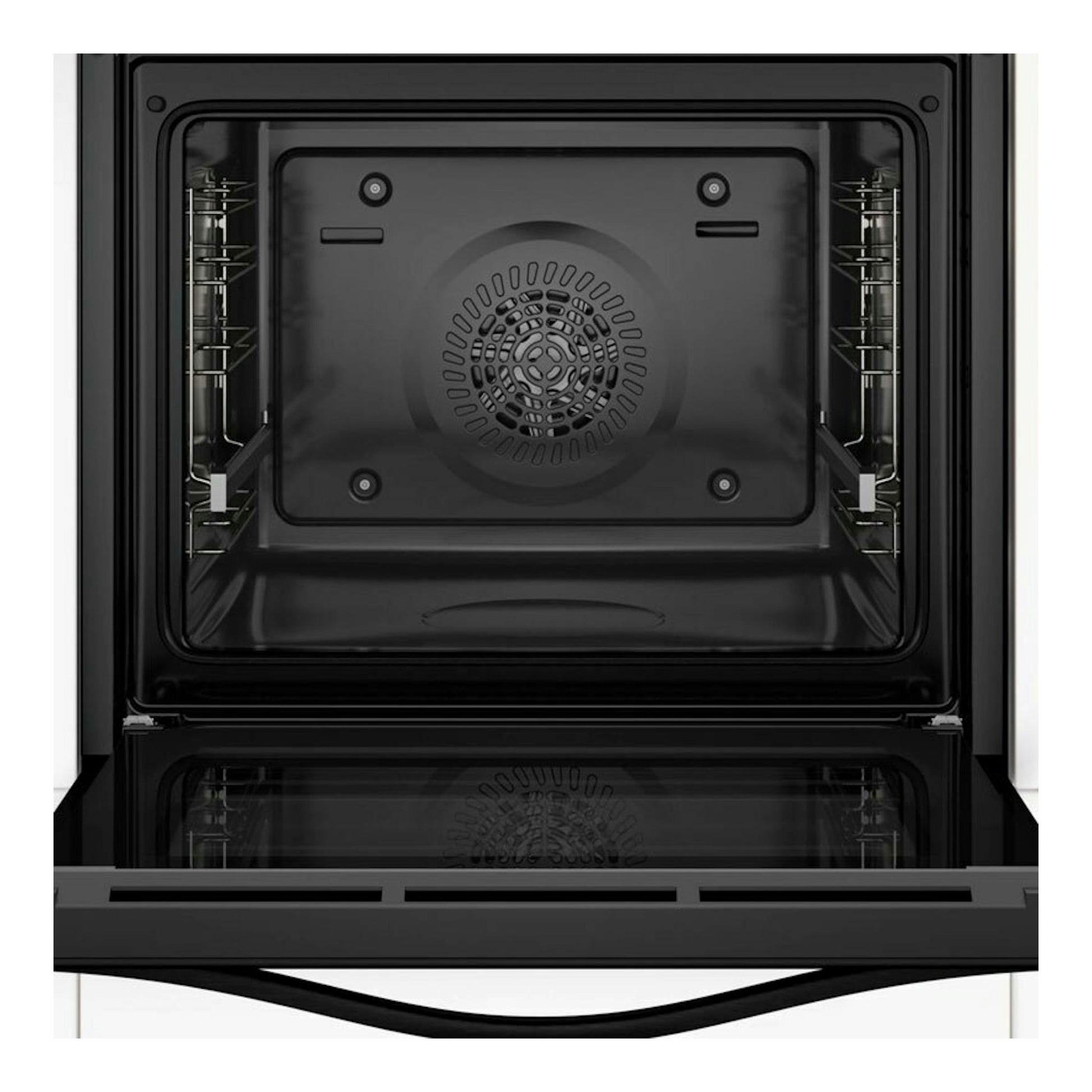Horno Balay 3HA4031X3 Inox, vista frontal con la puerta abierta e interior negro con ventilador.