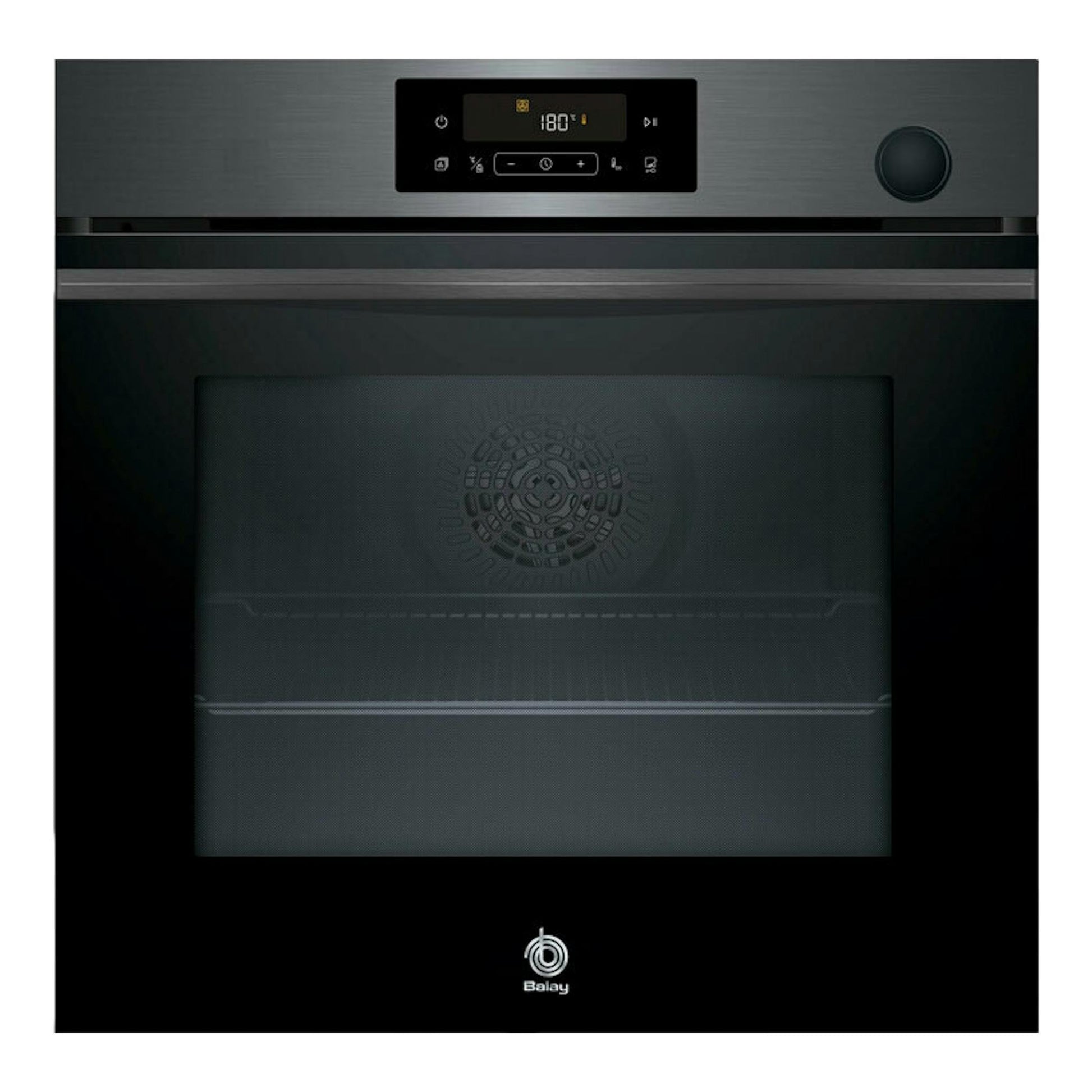 Horno Balay 3HA4121G3 grafito, vista frontal, puerta de cristal negro y panel digital superior.