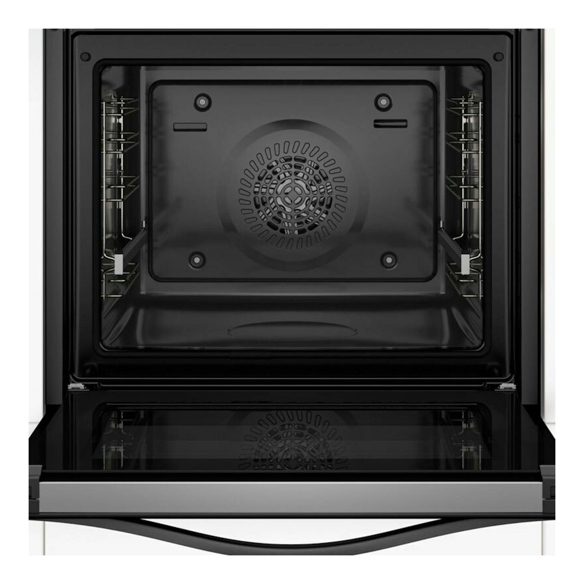 Horno Balay 3HA4821G3 en grafito, vista frontal del interior abierto con ventilador circular.