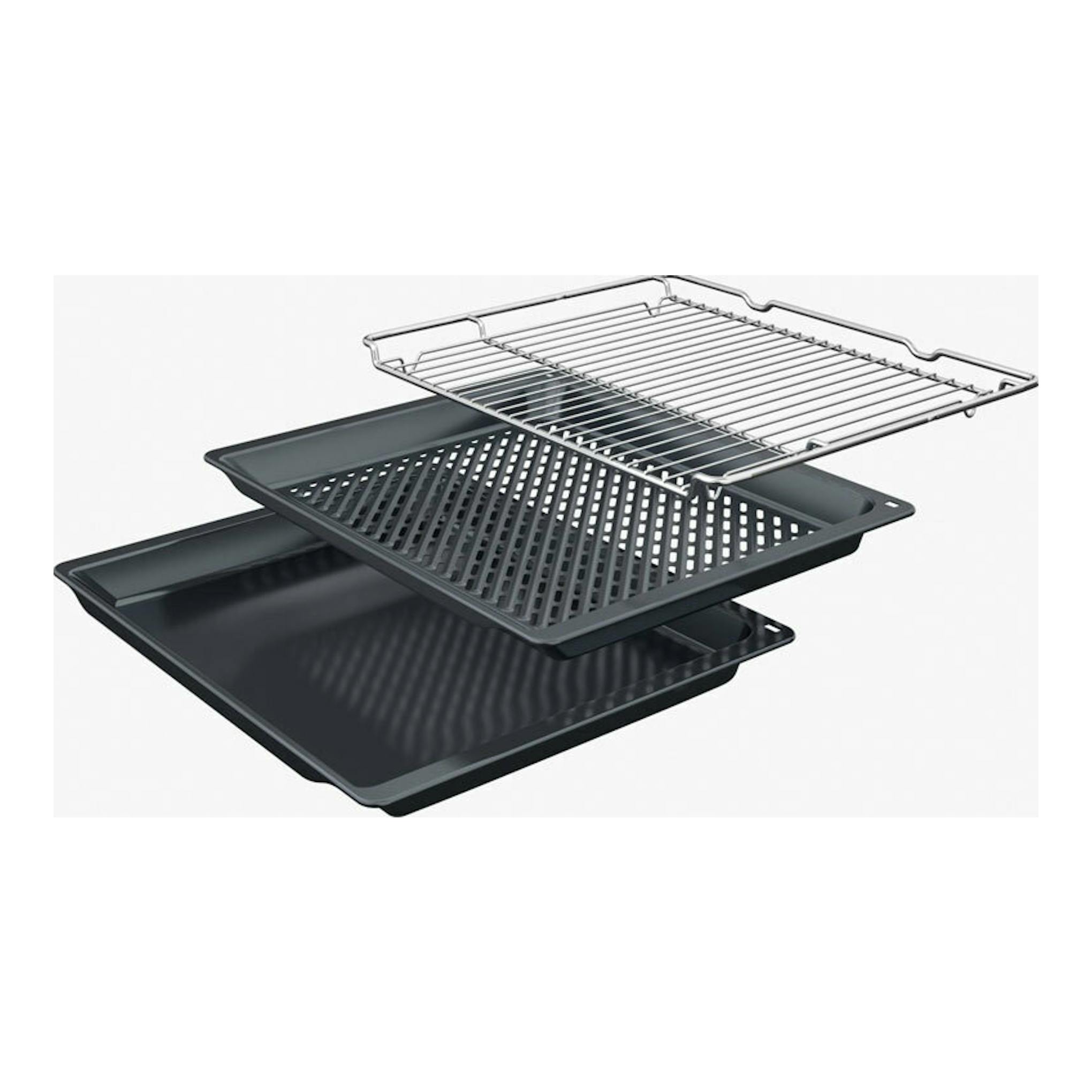 Balay 3HA4821G3 grafito: bandeja profunda, bandeja perforada y rejilla metálica sobre fondo blanco.