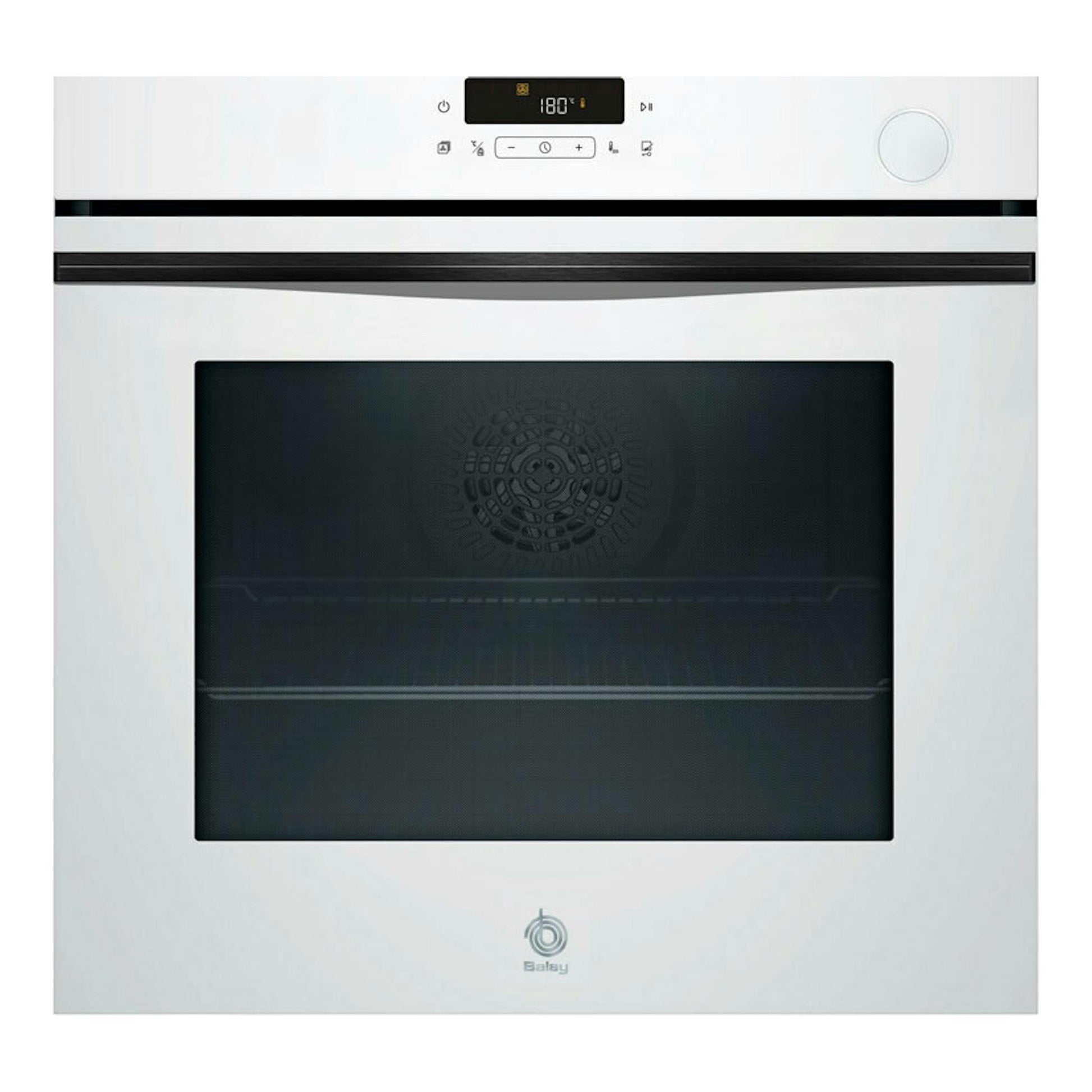 Horno Balay 3HA5129B3 blanco, vista frontal, puerta de cristal negro y panel digital superior.