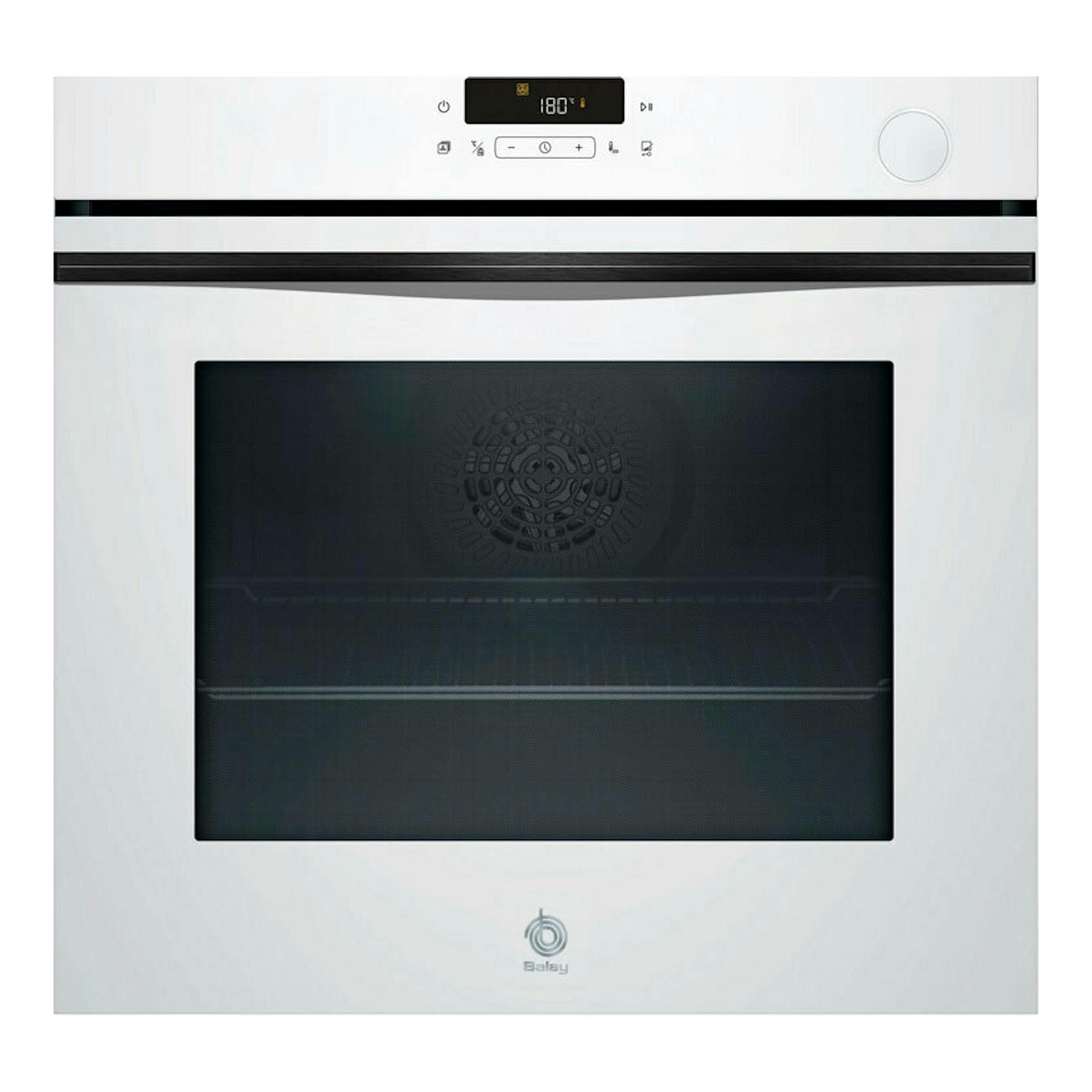 Horno Balay 3HA5129B3 blanco, vista frontal, puerta de cristal negro y panel digital superior.