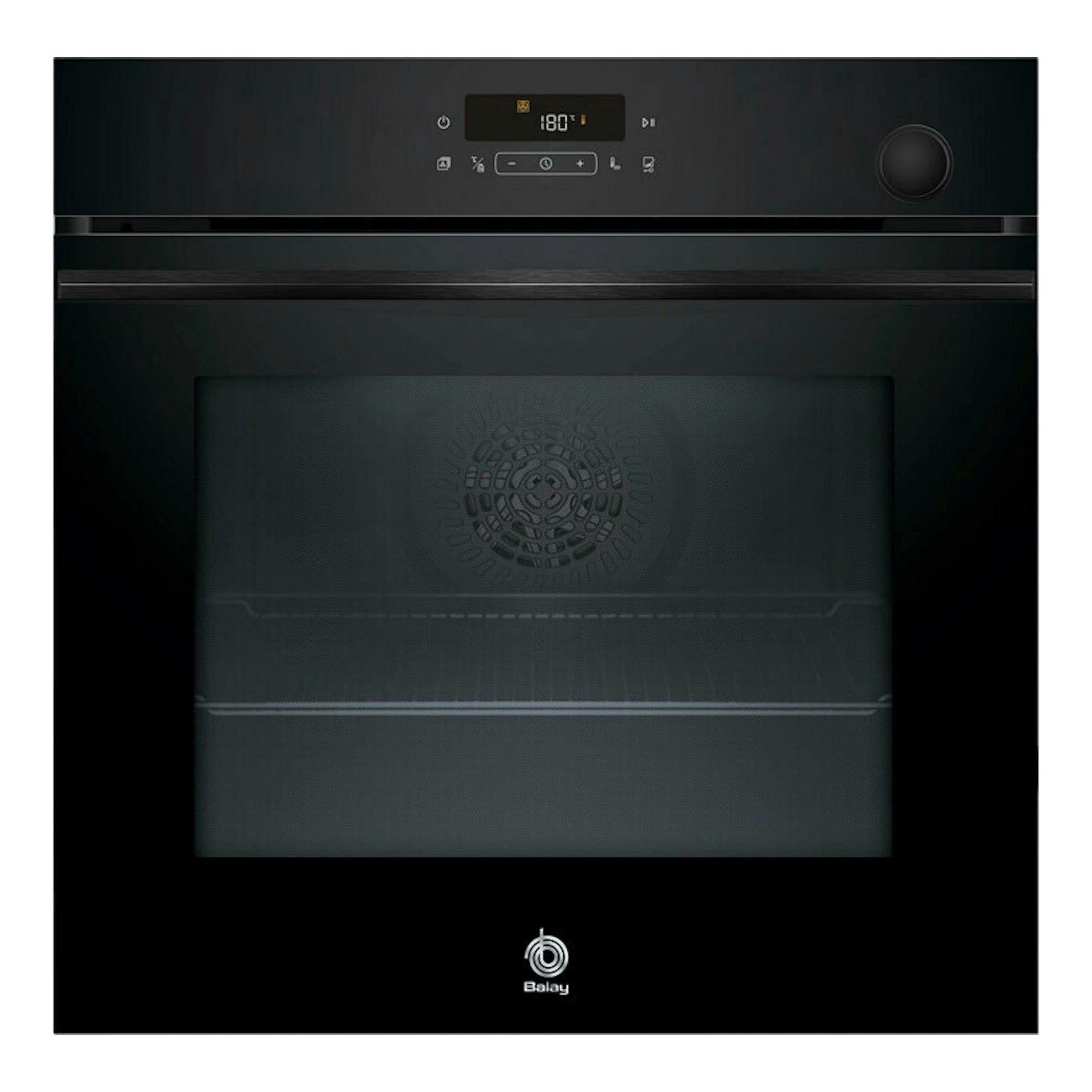 Horno Balay 3HA5129N3 de cristal negro, vista frontal, con panel digital y mando giratorio.