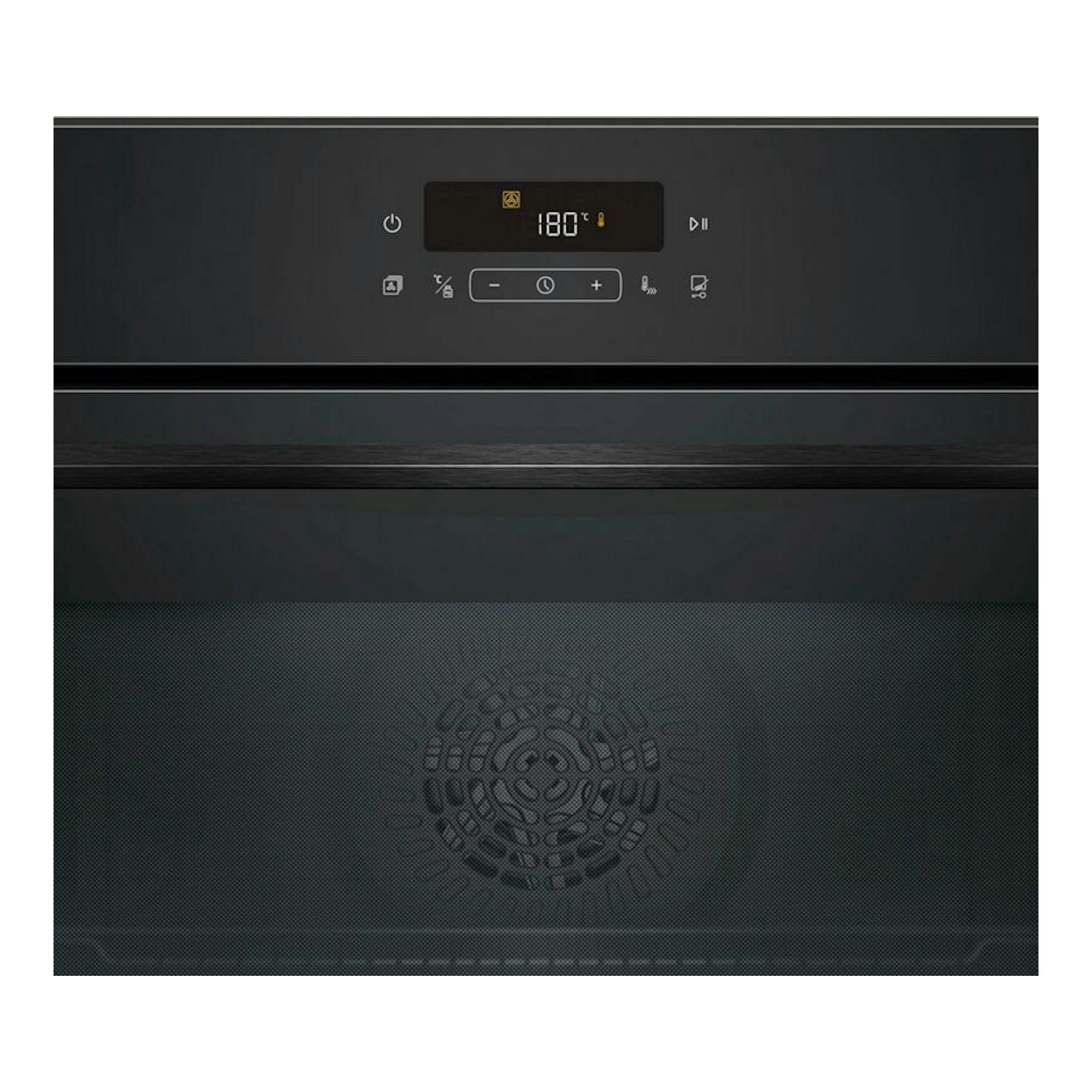 Horno Balay 3HA5129N3 de cristal negro, vista frontal, con display digital a 180 °C y panel táctil.