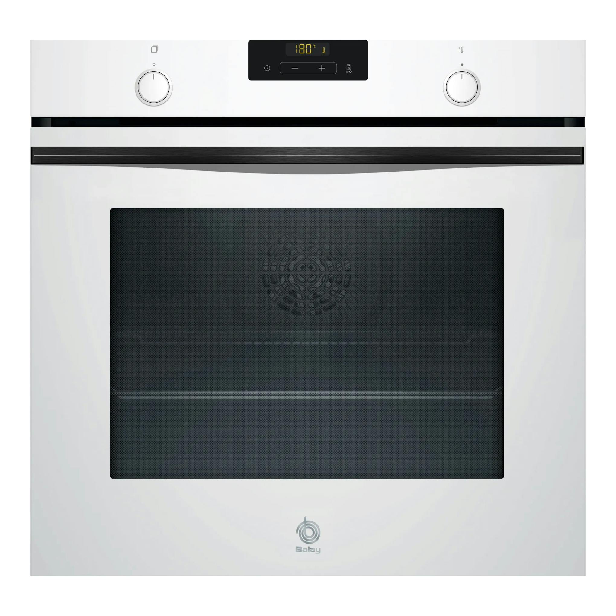Horno Balay 3HA5749B3 blanco, vista frontal, con panel digital central y dos mandos.