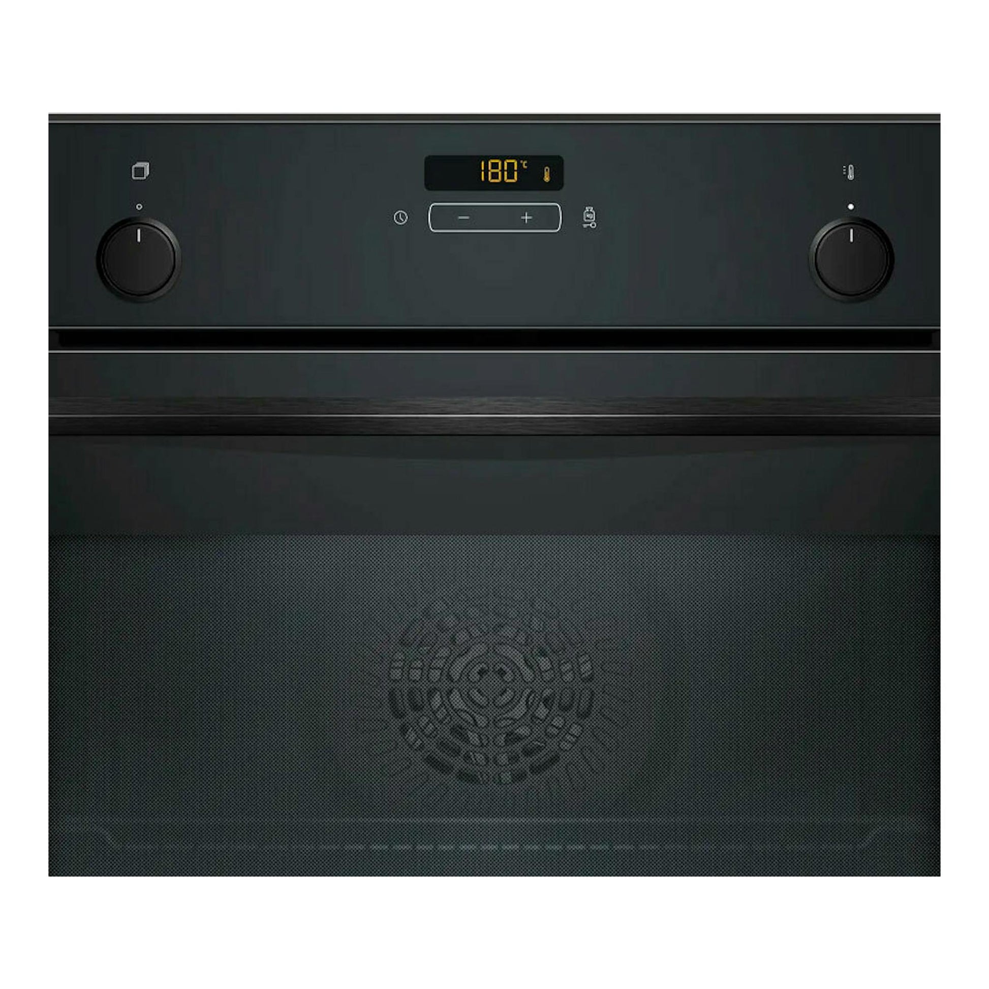Horno Balay 3HA5749N3 de cristal negro, vista frontal con dos mandos, display digital y puerta cerrada.