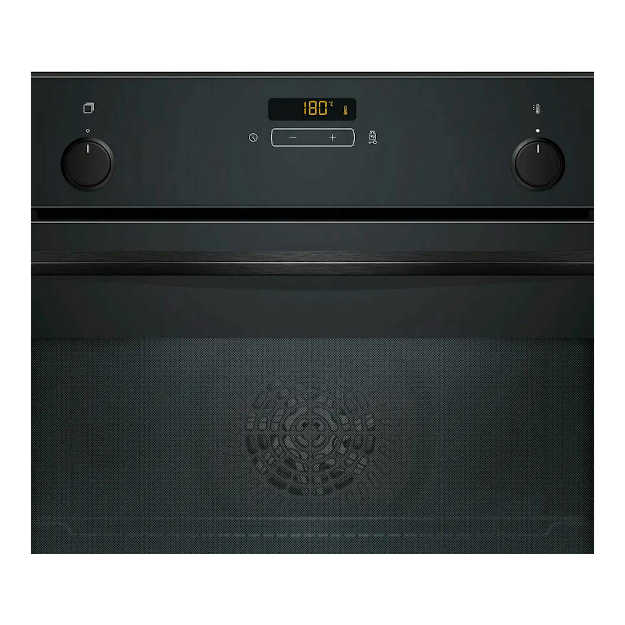 Horno Balay 3HA5749N3 de cristal negro, vista frontal con dos mandos, display digital y puerta cerrada.