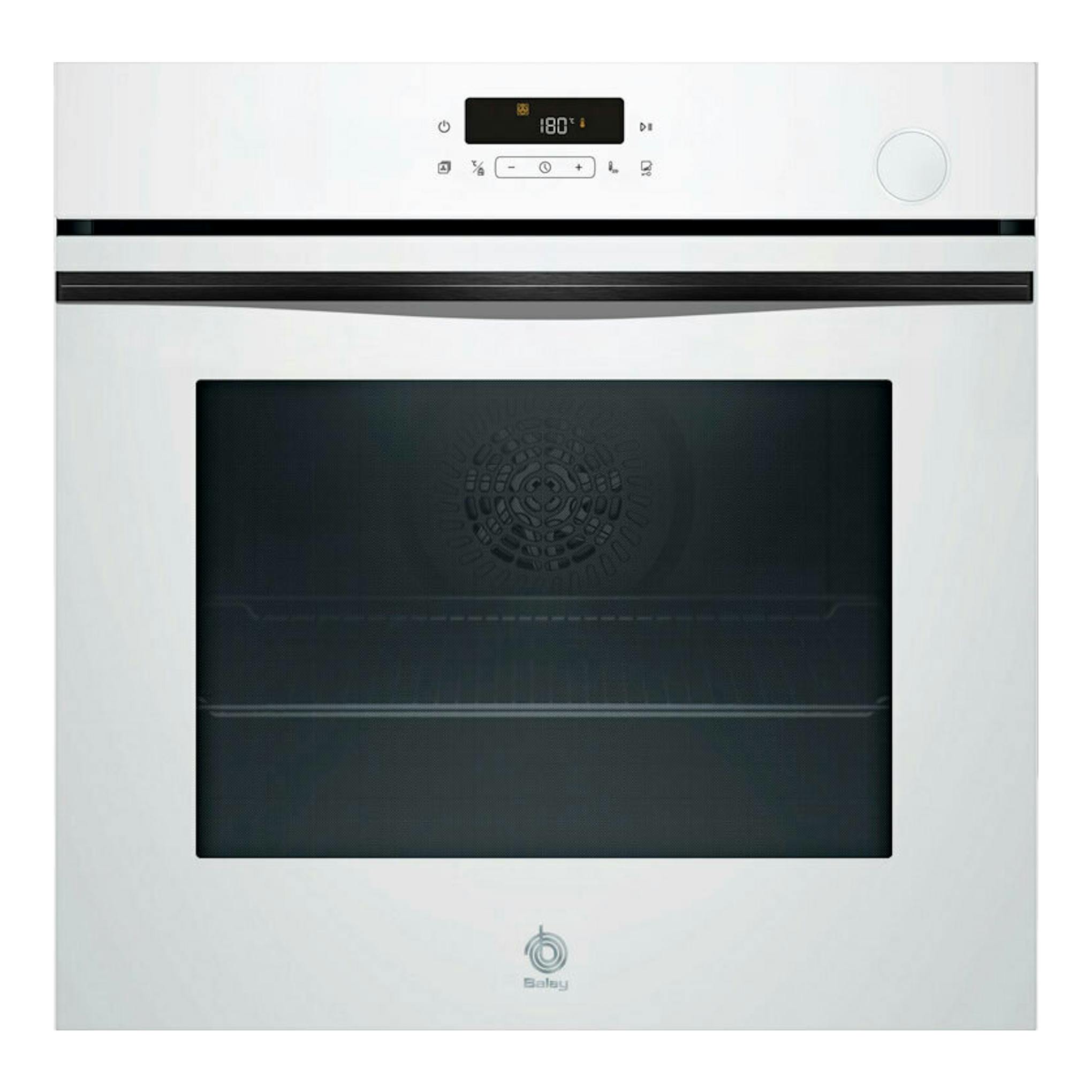 Horno Balay 3HA5829B3 blanco, vista frontal, con puerta de cristal negro y panel digital superior.
