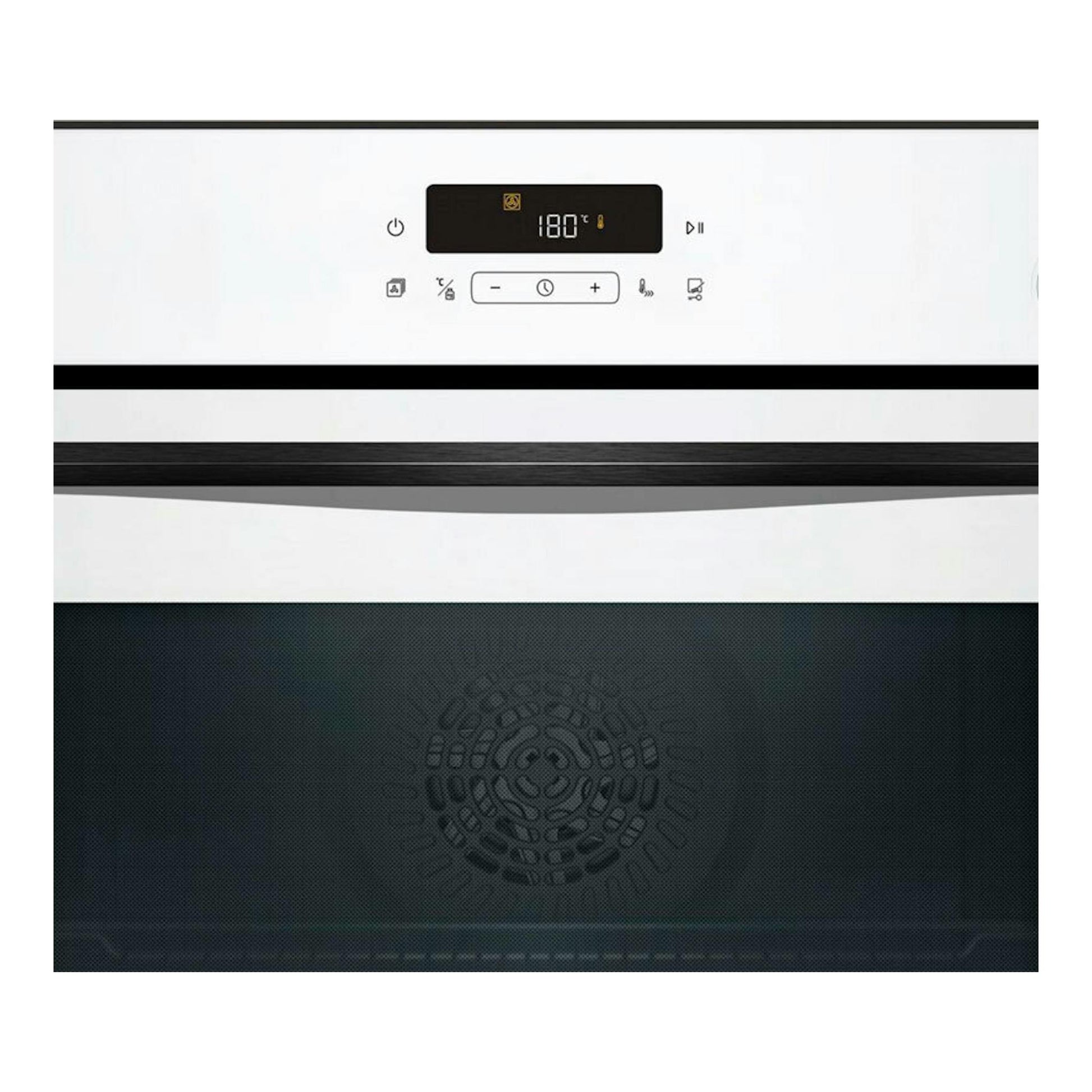 Vista frontal de horno Balay 3HA5829B3 blanco con display digital y puerta de cristal negro.