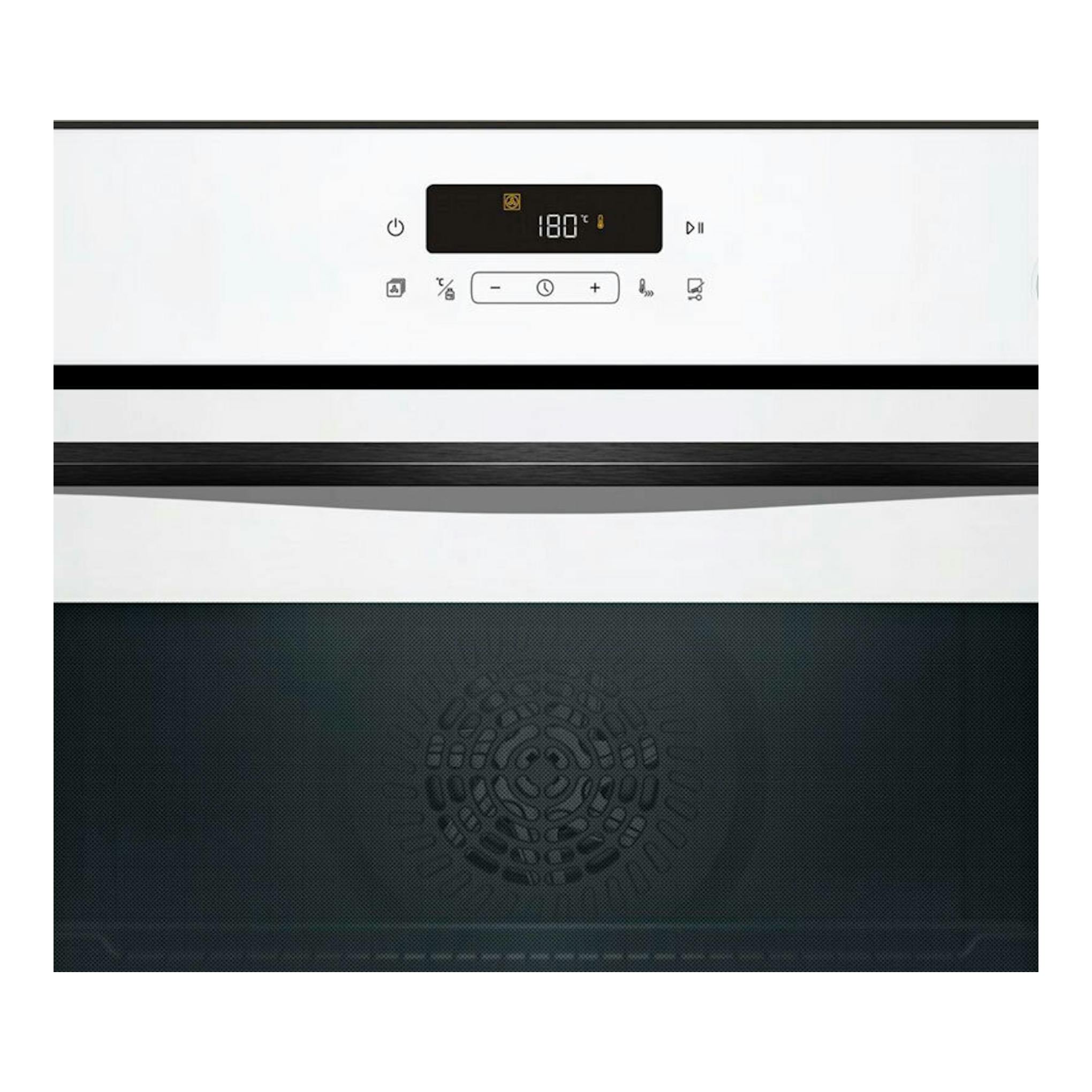Vista frontal de horno Balay 3HA5829B3 blanco con display digital y puerta de cristal negro.
