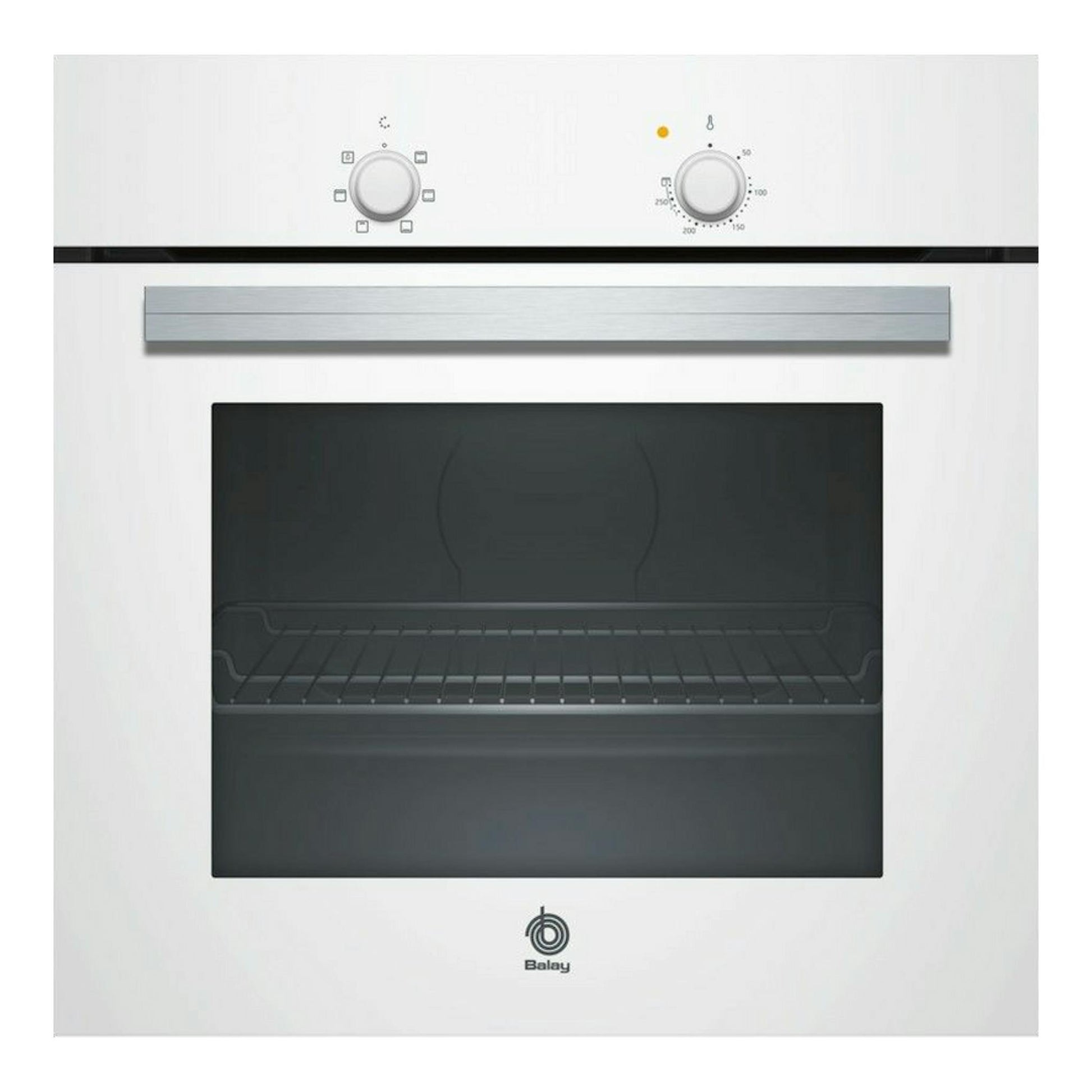 Horno Balay 3HB1000B0 blanco, vista frontal, con dos mandos y puerta de vidrio negro.