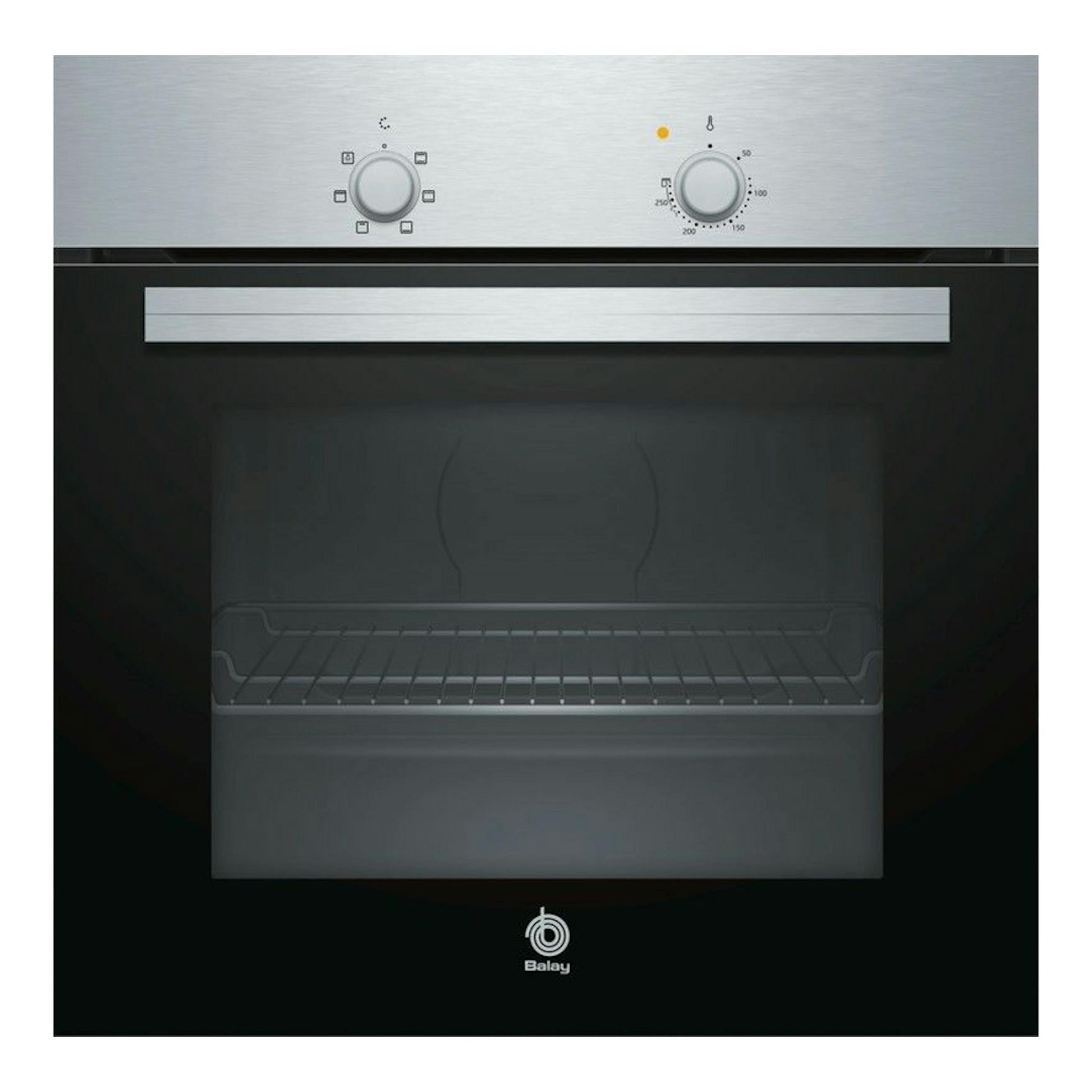 Horno Balay 3HB1000X0 inox, vista frontal, puerta negra y panel superior plateado con dos mandos.