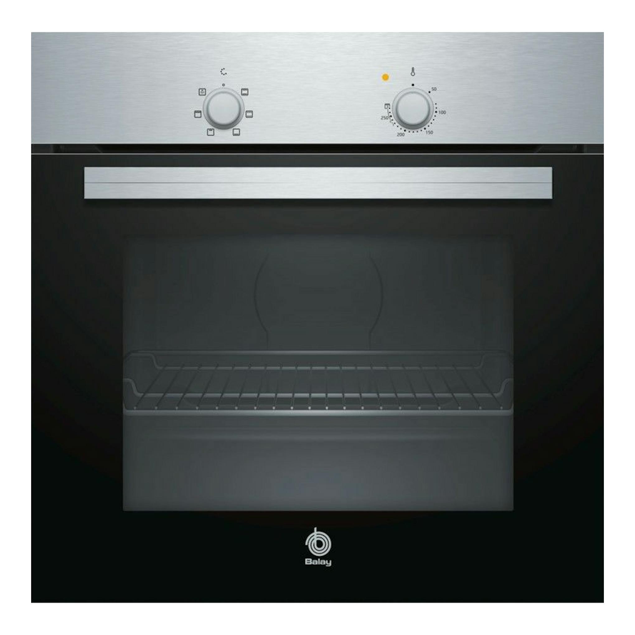 Horno Balay 3HB1000X0 inox, vista frontal, puerta negra y panel superior plateado con dos mandos.