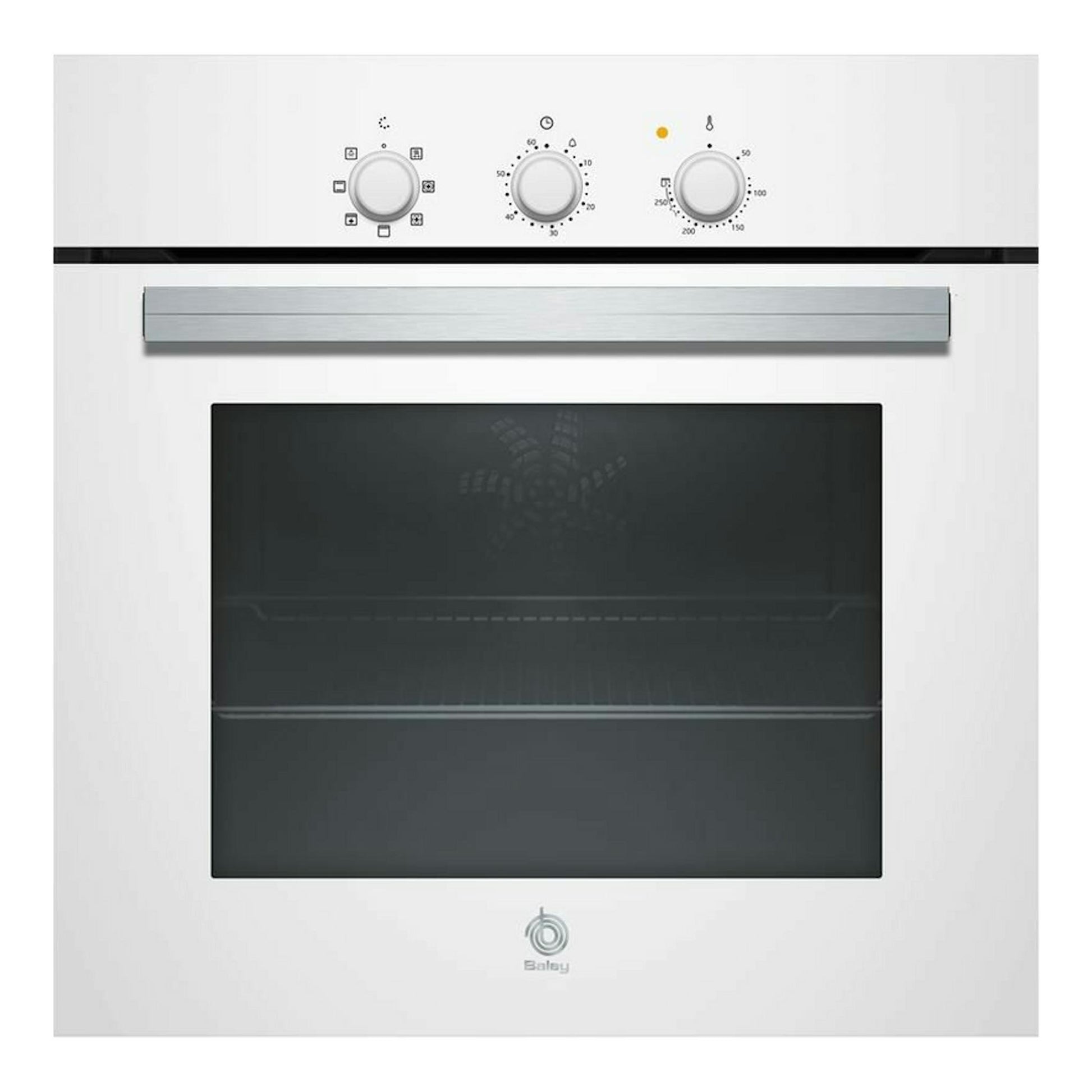 Horno Balay 3HB2010B0 blanco, vista frontal, con tres mandos y puerta de vidrio negro.