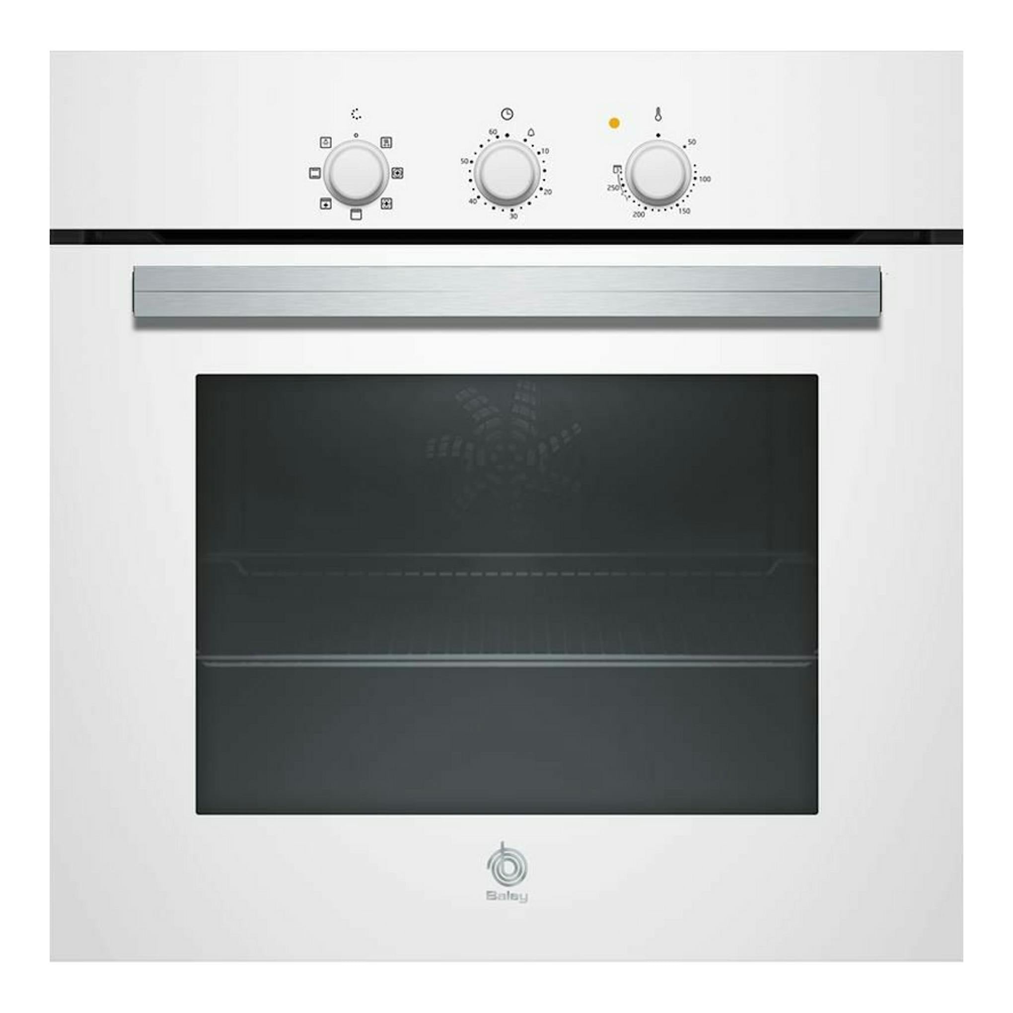 Horno Balay 3HB2010B0 blanco, vista frontal, con tres mandos y puerta de vidrio negro.