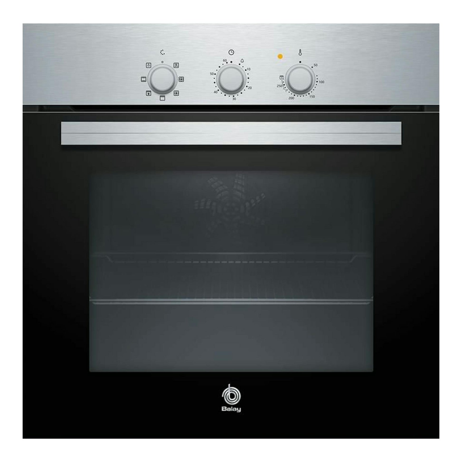 Horno Balay 3HB2010X0 inox, vista frontal, puerta negra con panel superior plateado y tres mandos.
