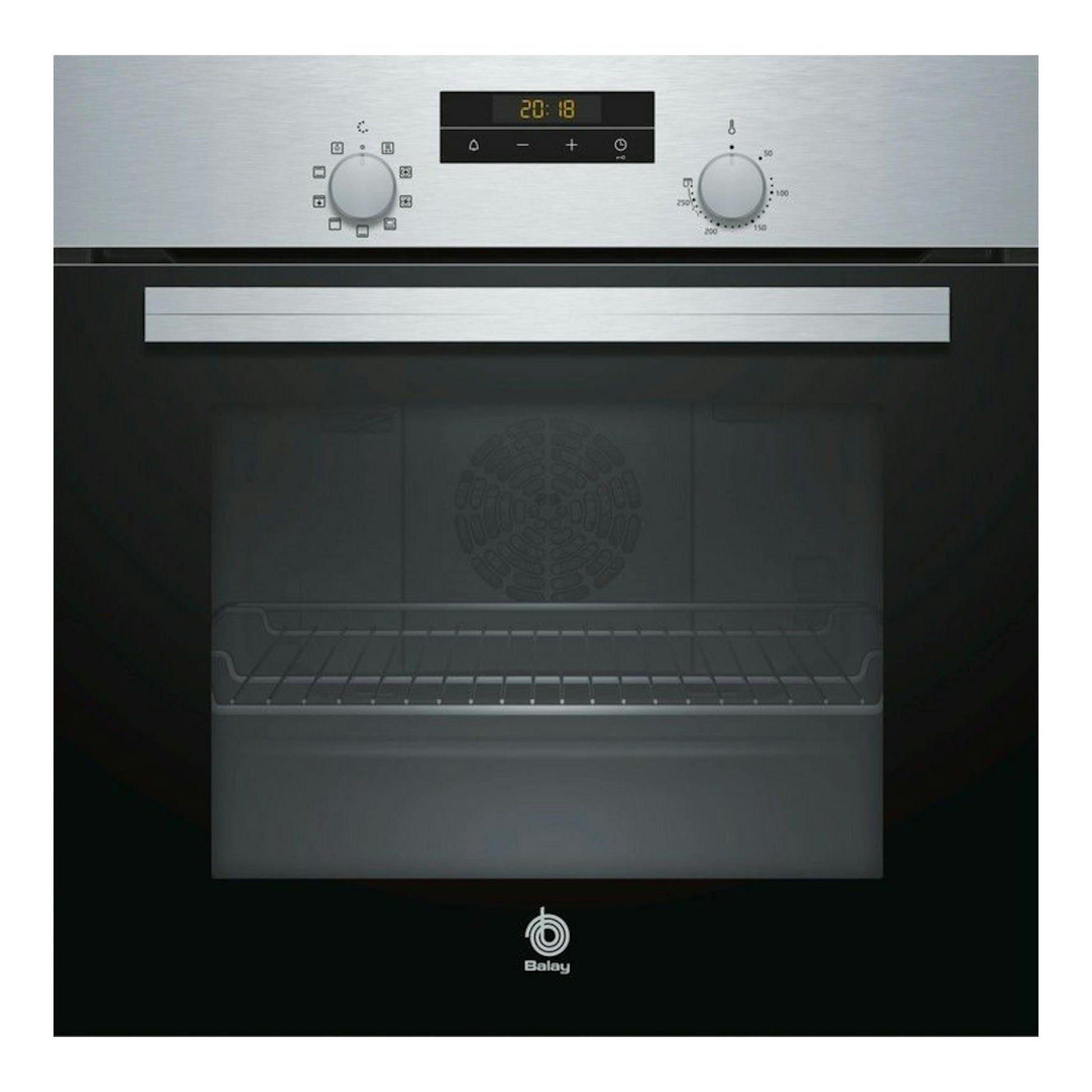 Horno Balay 3HB2030X0 inox, vista frontal, con panel superior, dos mandos y puerta de cristal negro.