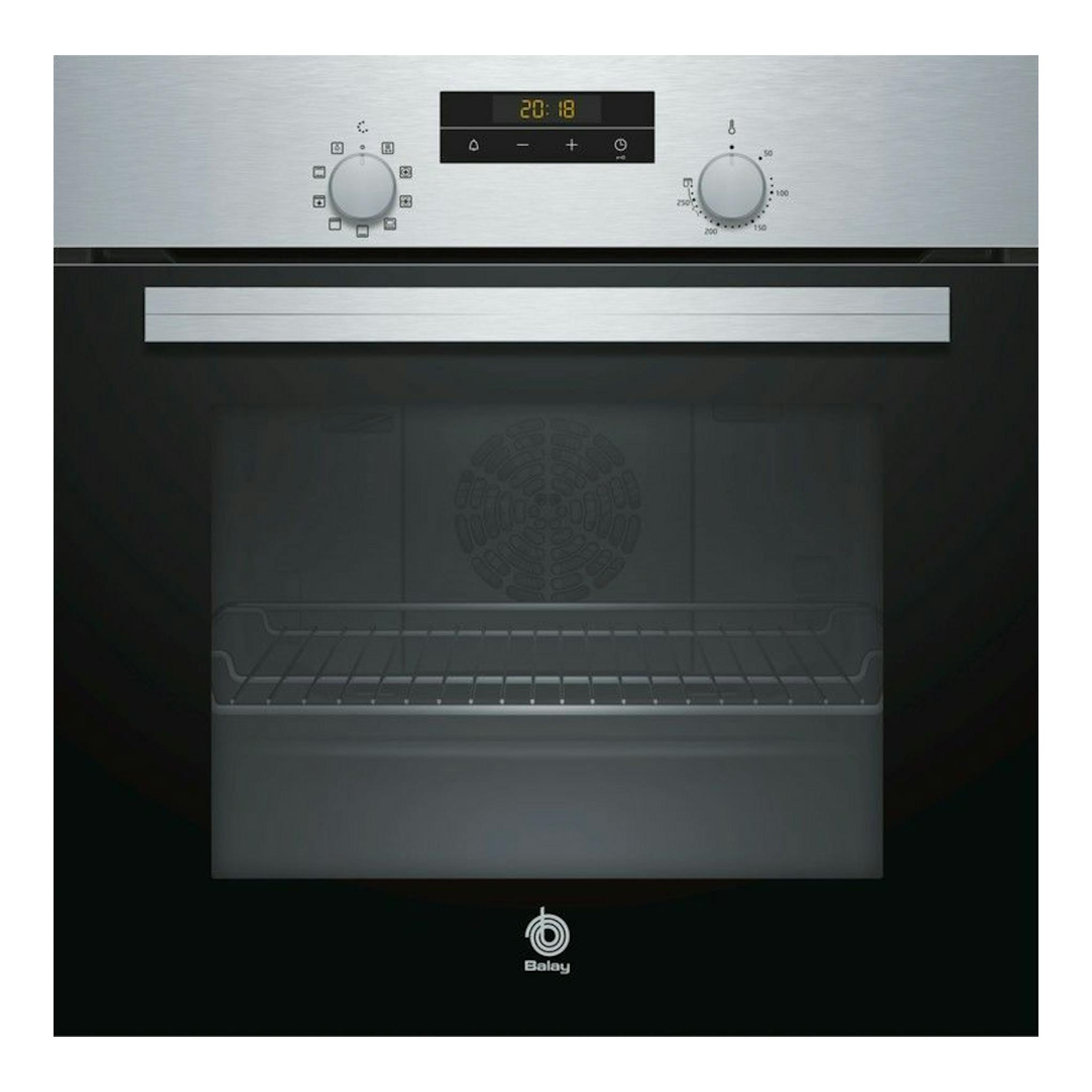 Horno Balay 3HB2030X0 inox, vista frontal, con panel superior, dos mandos y puerta de cristal negro.