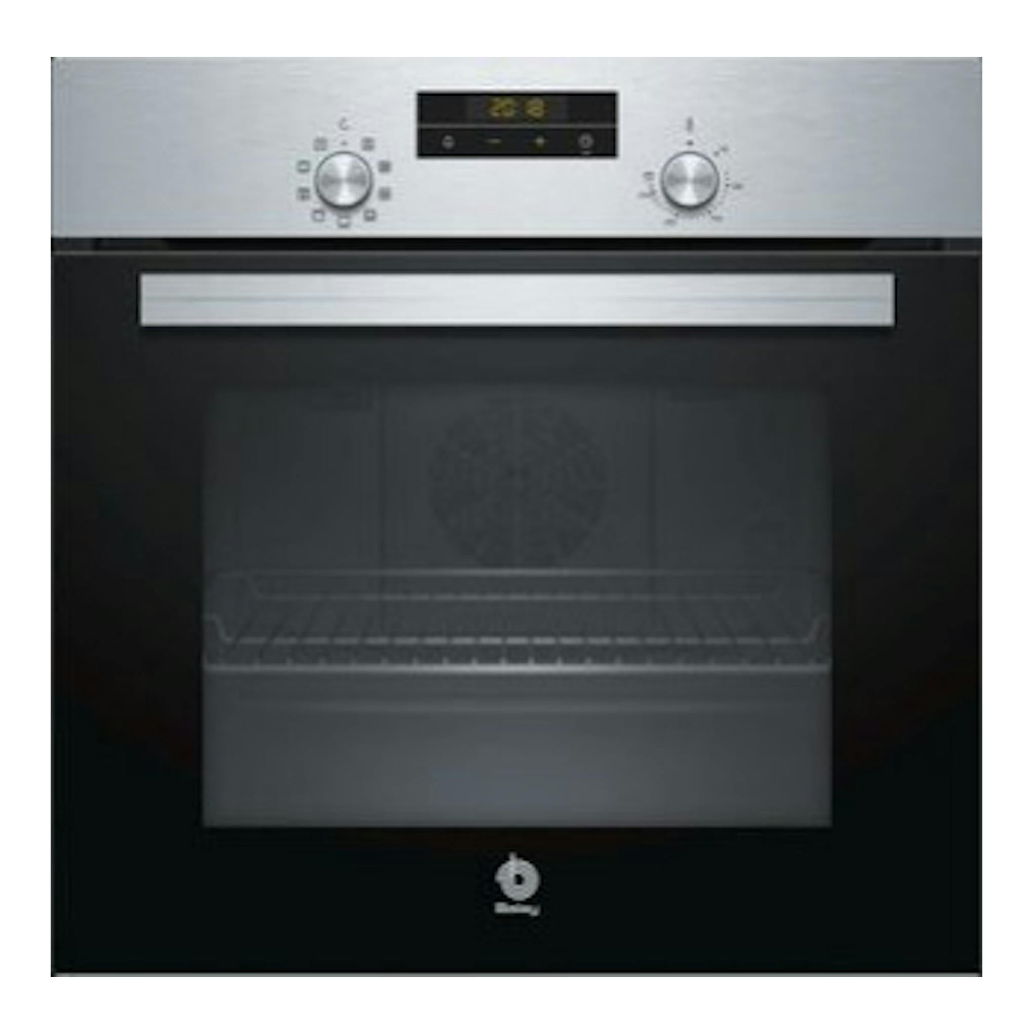 Horno Balay 3HB2031X0 integrable, vista frontal, acabado inox y puerta negra con dos mandos.