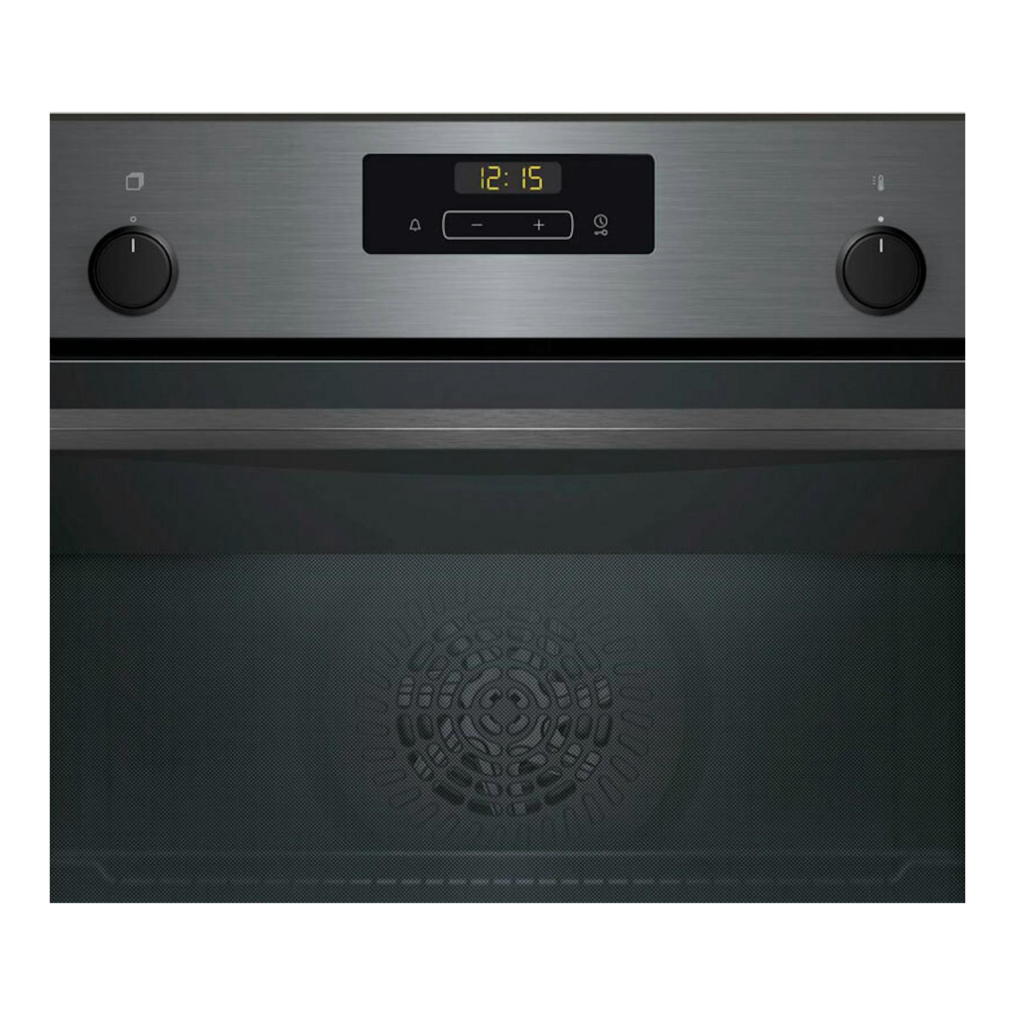 Horno Balay 3HB4131G3 grafito, vista frontal, con dos mandos y display digital en 12:15.