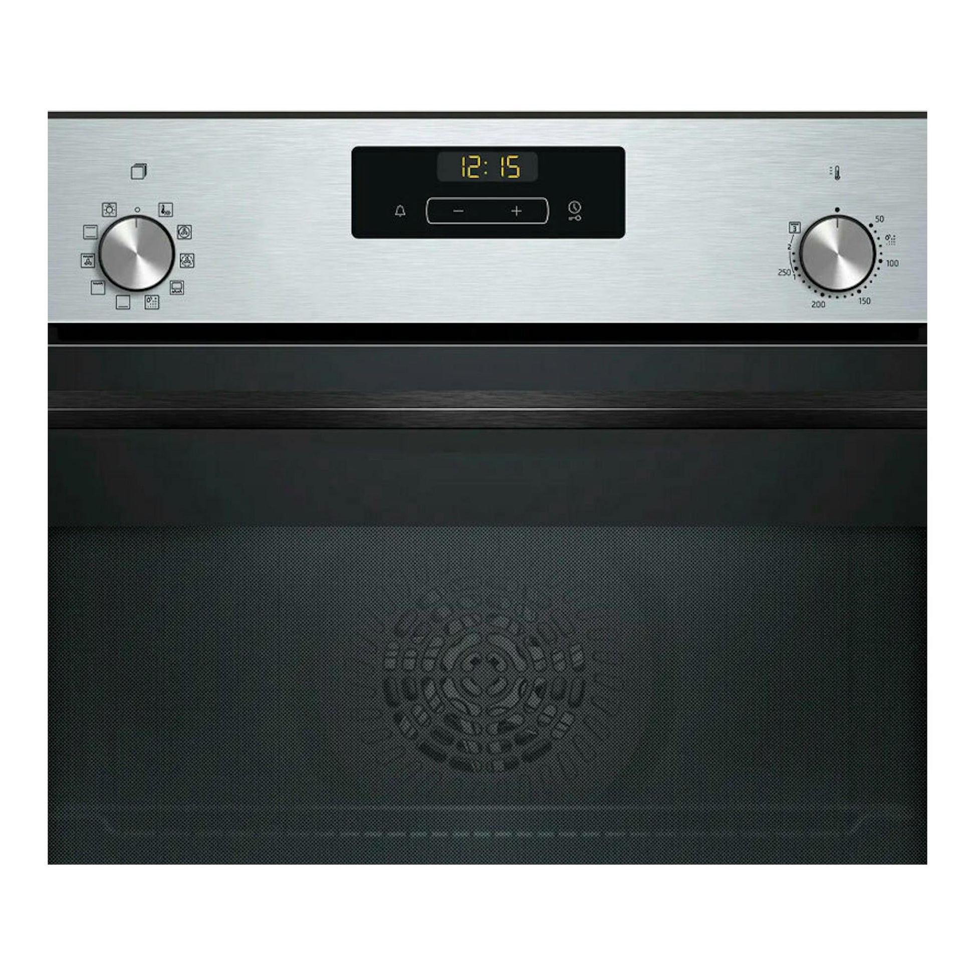 Horno Balay 3HB4131X3 inox, vista frontal, panel digital central y dos mandos giratorios, puerta negra.