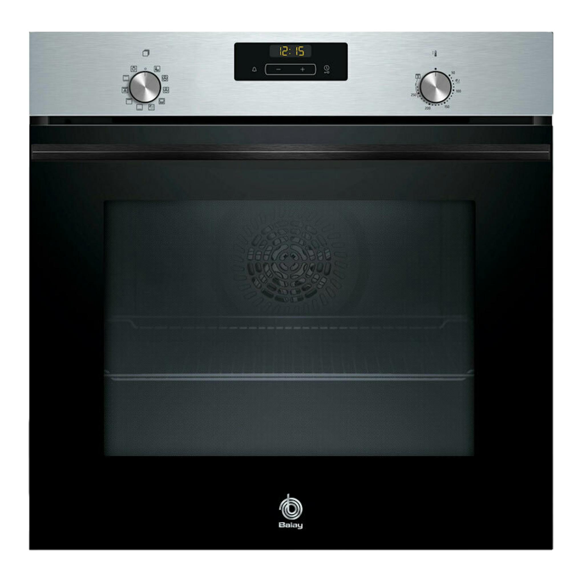 Horno Balay 3HB413CX3 inox, vista frontal, panel digital y dos mandos, puerta negra de cristal.