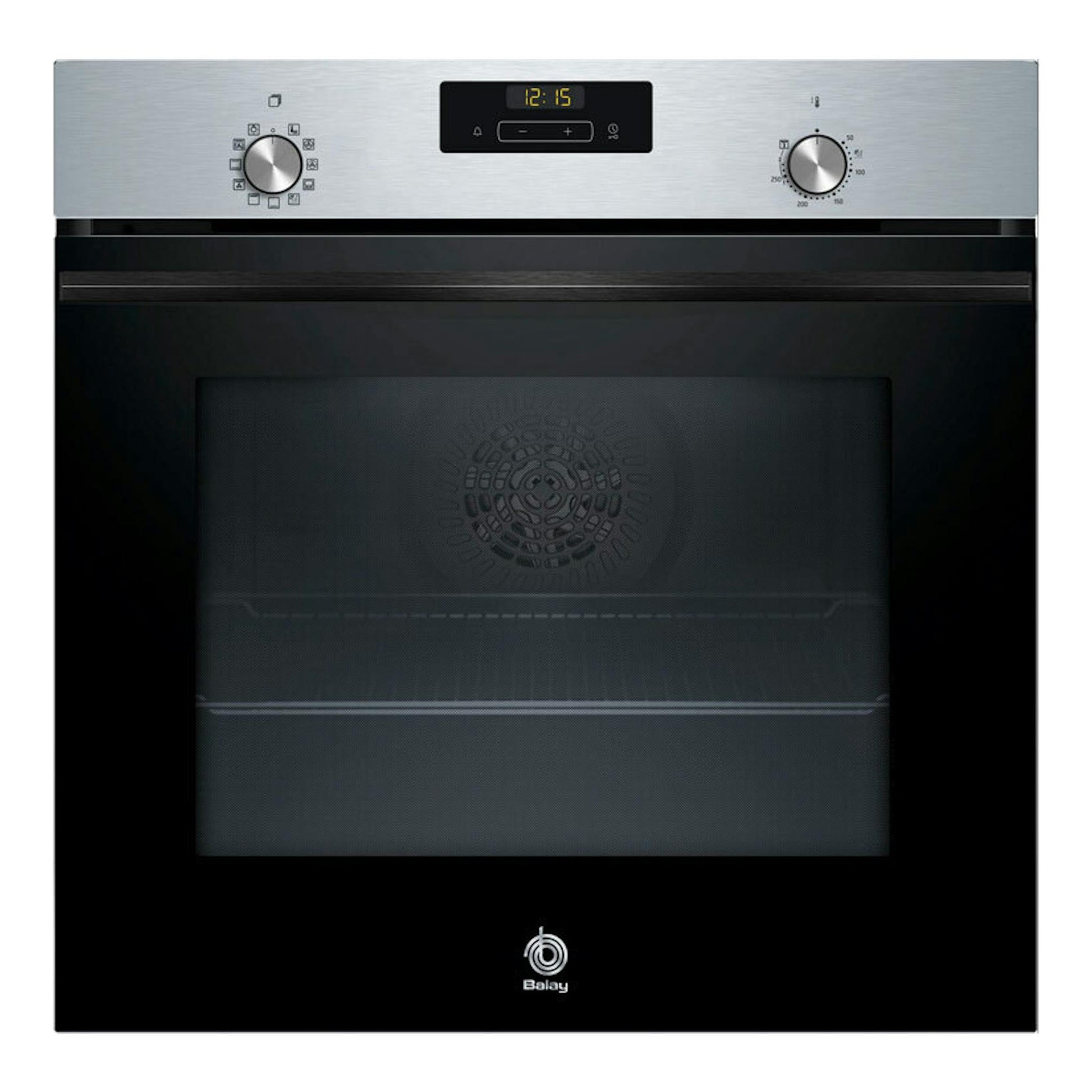 Horno Balay 3HB4151X3 en inox y negro, vista frontal, con dos mandos y display digital.