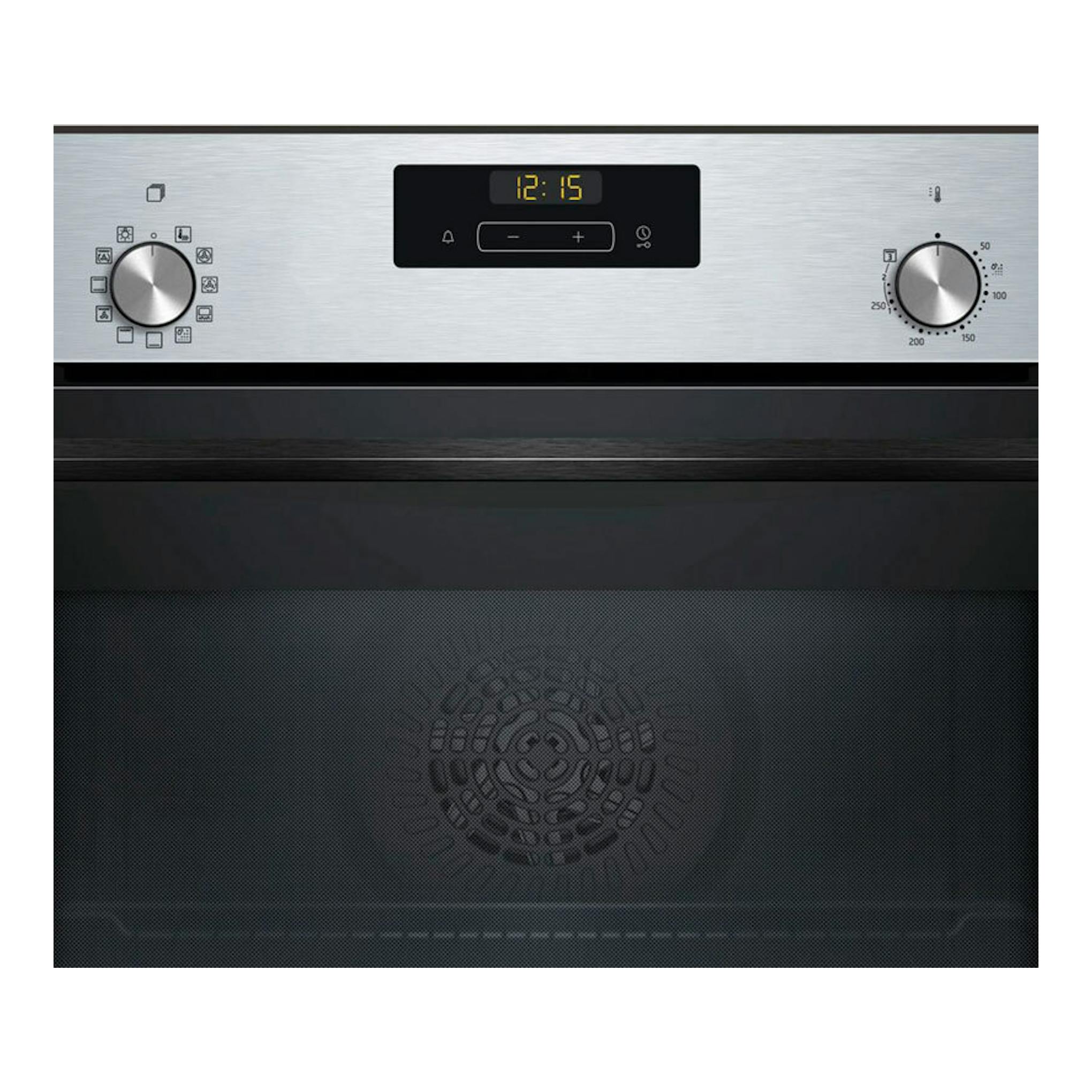 Horno Balay 3HB4151X3 inox, vista frontal, con panel digital central y dos mandos giratorios.