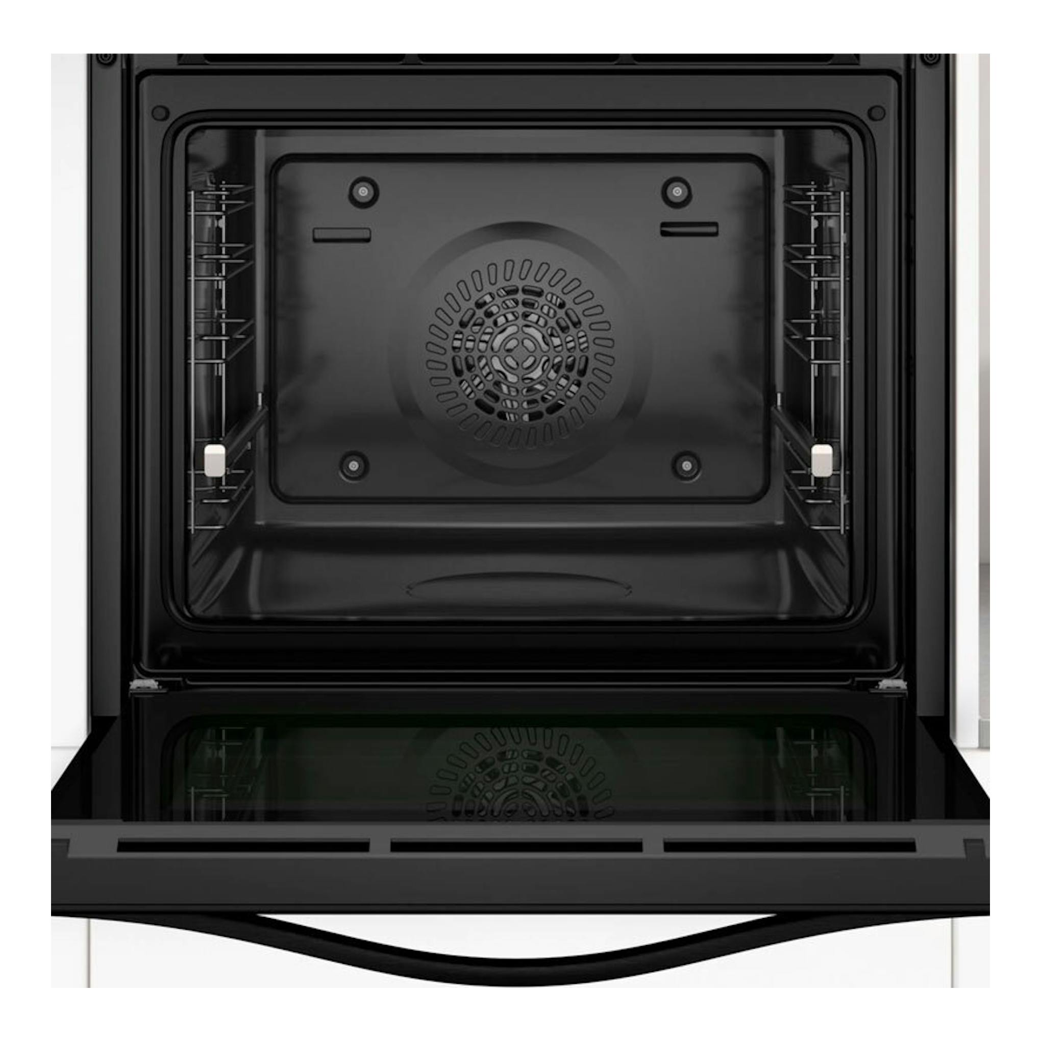 Horno Balay 3HB4151X3 inox, vista frontal con la puerta abatible abierta y interior negro.