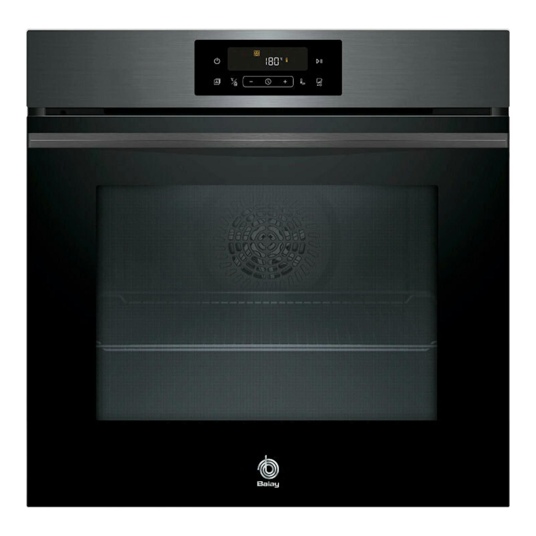 Horno Balay 3HB4821G3 grafito, vista frontal con puerta de cristal y panel digital superior.