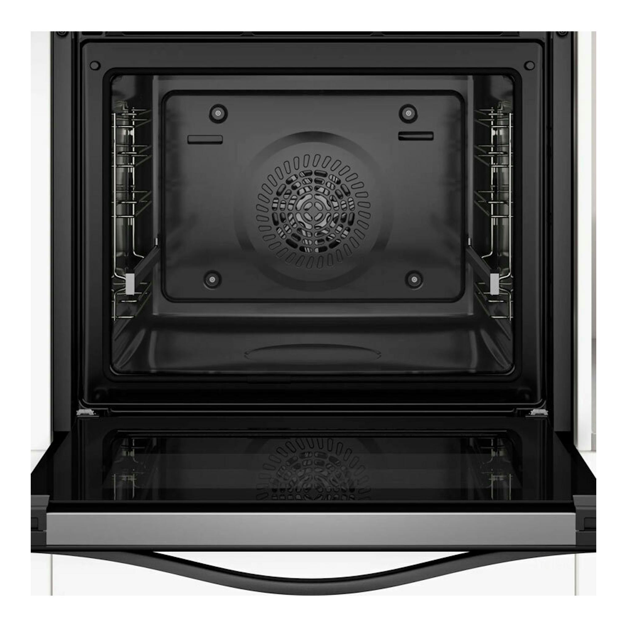 Horno Balay 3HB4821G3 en grafito, vista frontal abierta del interior con ventilador y guías laterales.