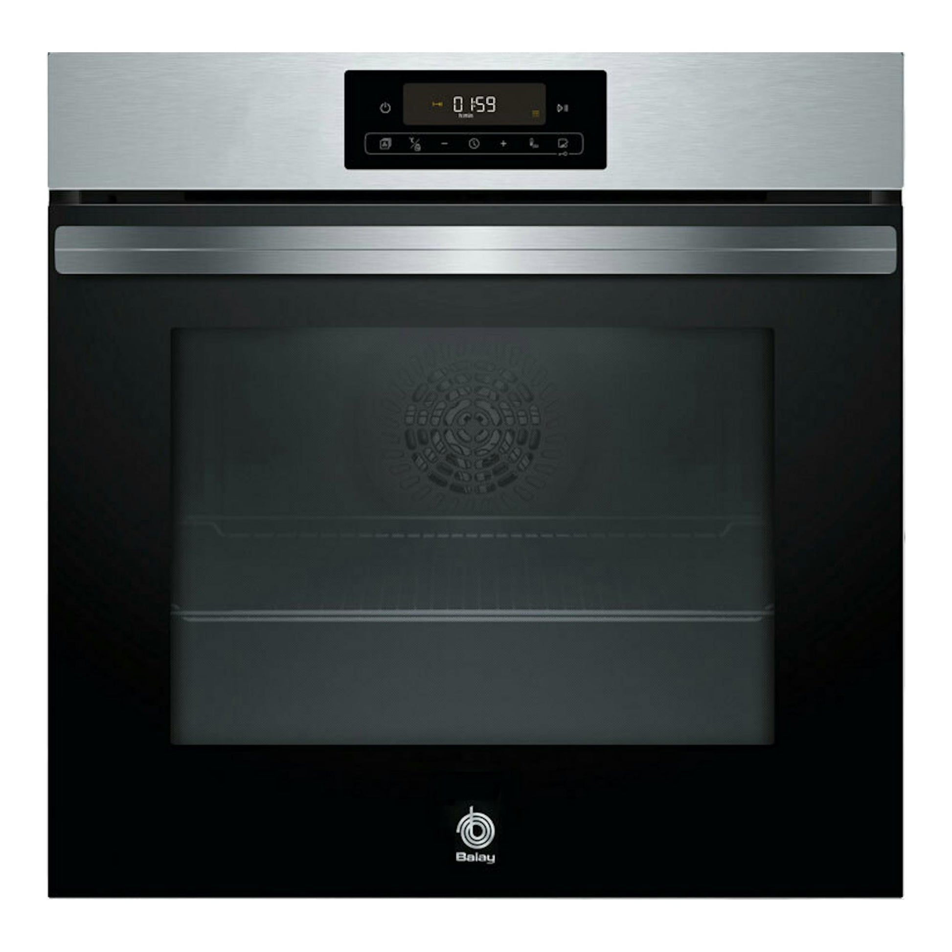 Horno Balay 3HB4821X2 de acero inoxidable y cristal negro, vista frontal con panel digital.